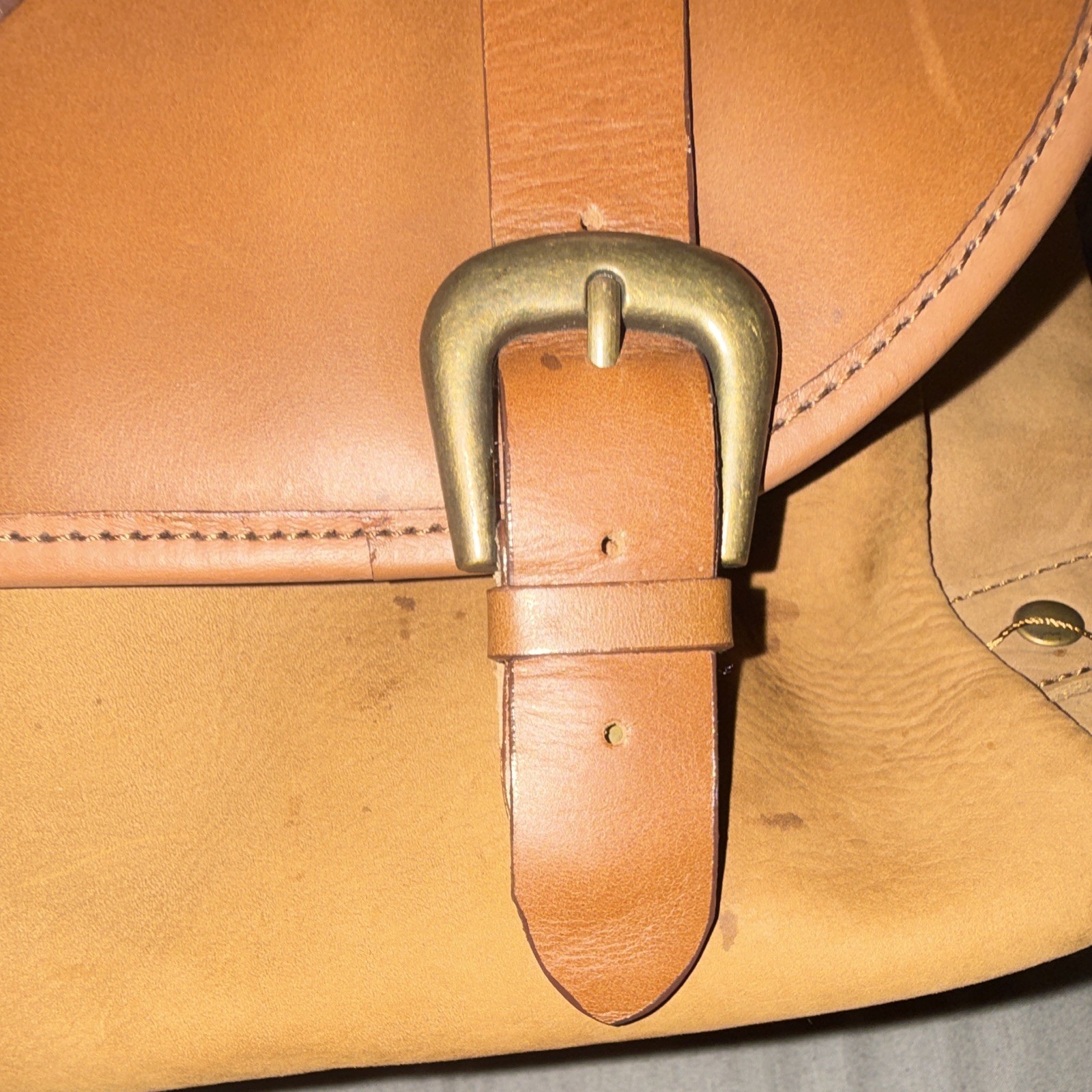 Brown/Tan genuine leather Messenger Bag, brass buckle Flap Crossbody Top Handle