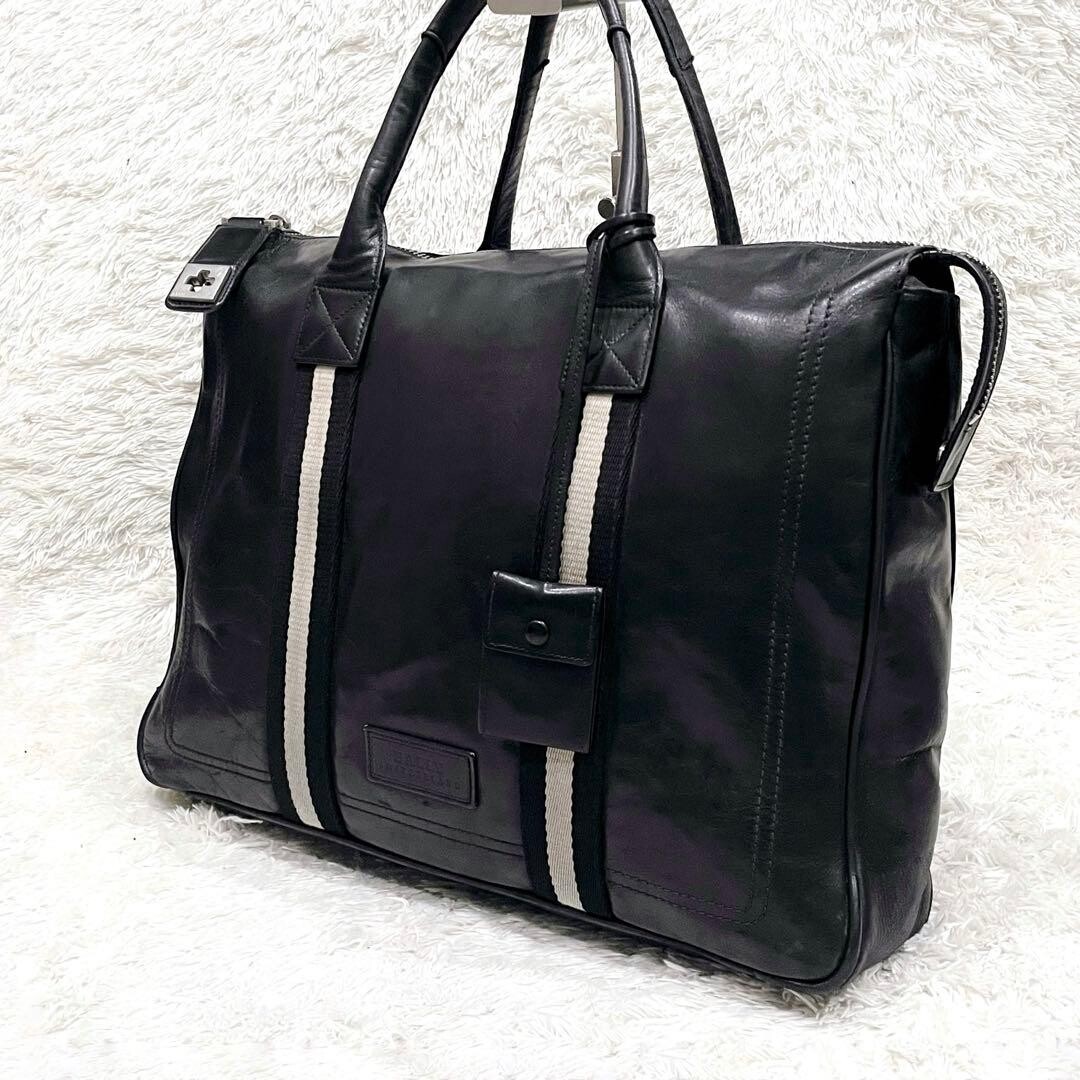 Bally Trainspotting Leather Business Tote Bag Black A4 TAJEST MD Striped 40cm