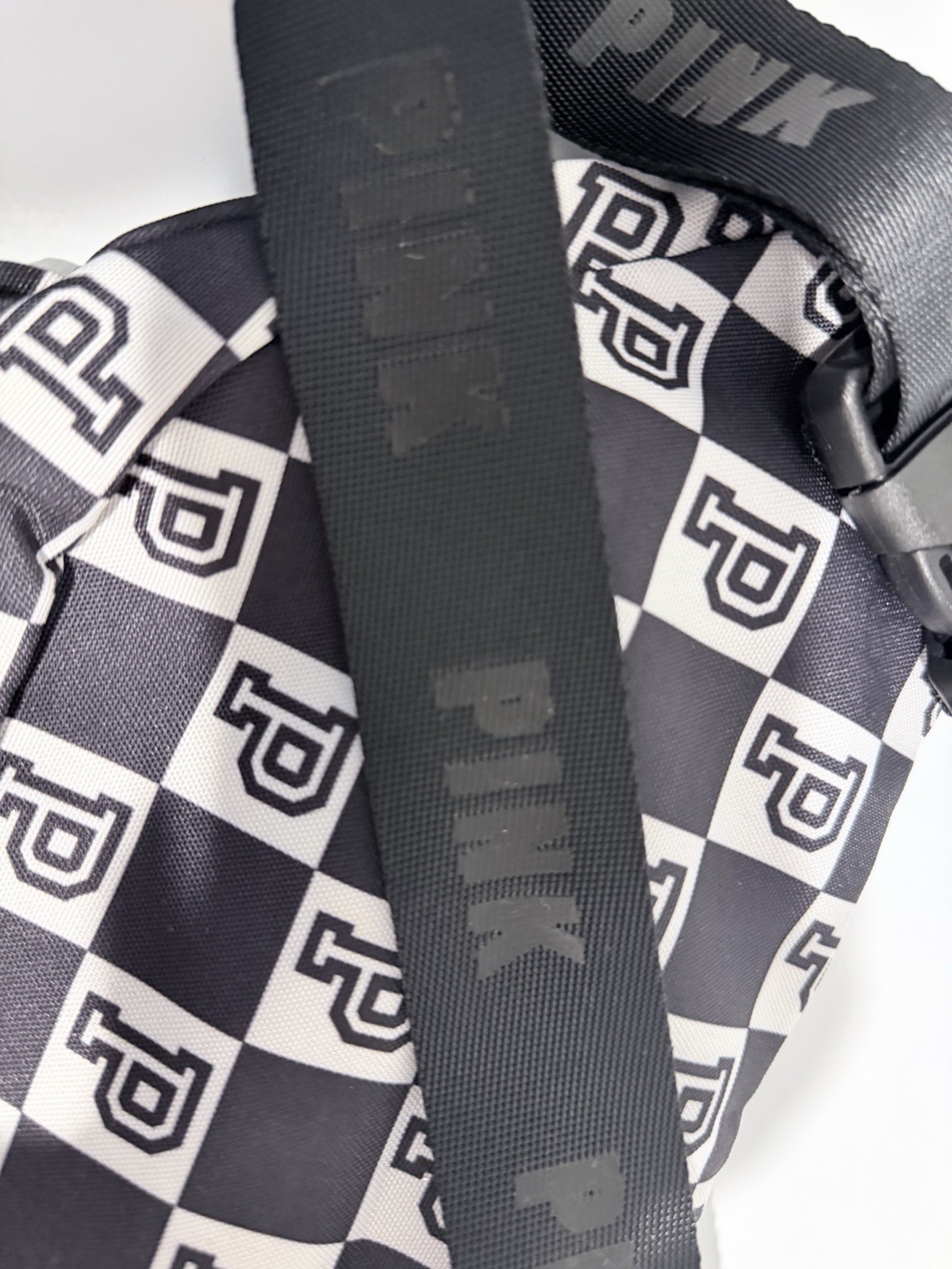 PINK Black & White Checkered Crossbody Sling Belt Bag, Zip Closure, Adjustable