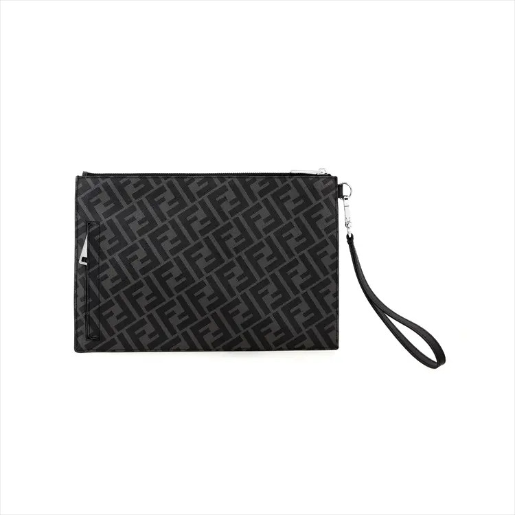 FENDI Logo FF Canvas Leather Clutch Bag Regular Men’s Black Gray 11.4×7.5 in