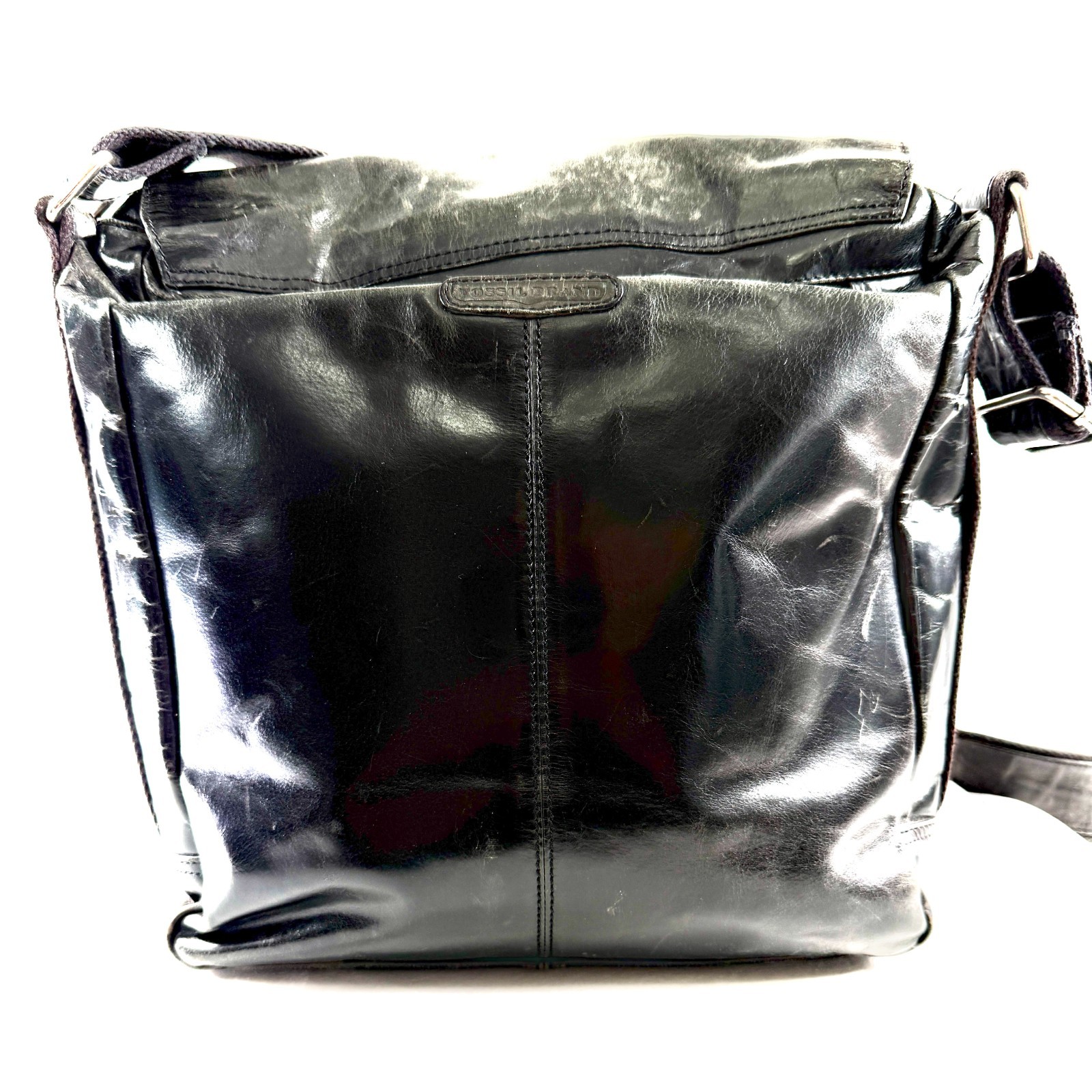 Fossil Black Leather Large Messenger Bag Push Latch Buckles Wide Strap