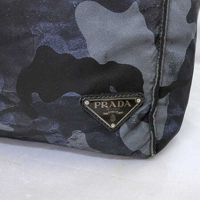 Prada tote bag navy black testuto camouflage triangle logo plate nylon leather