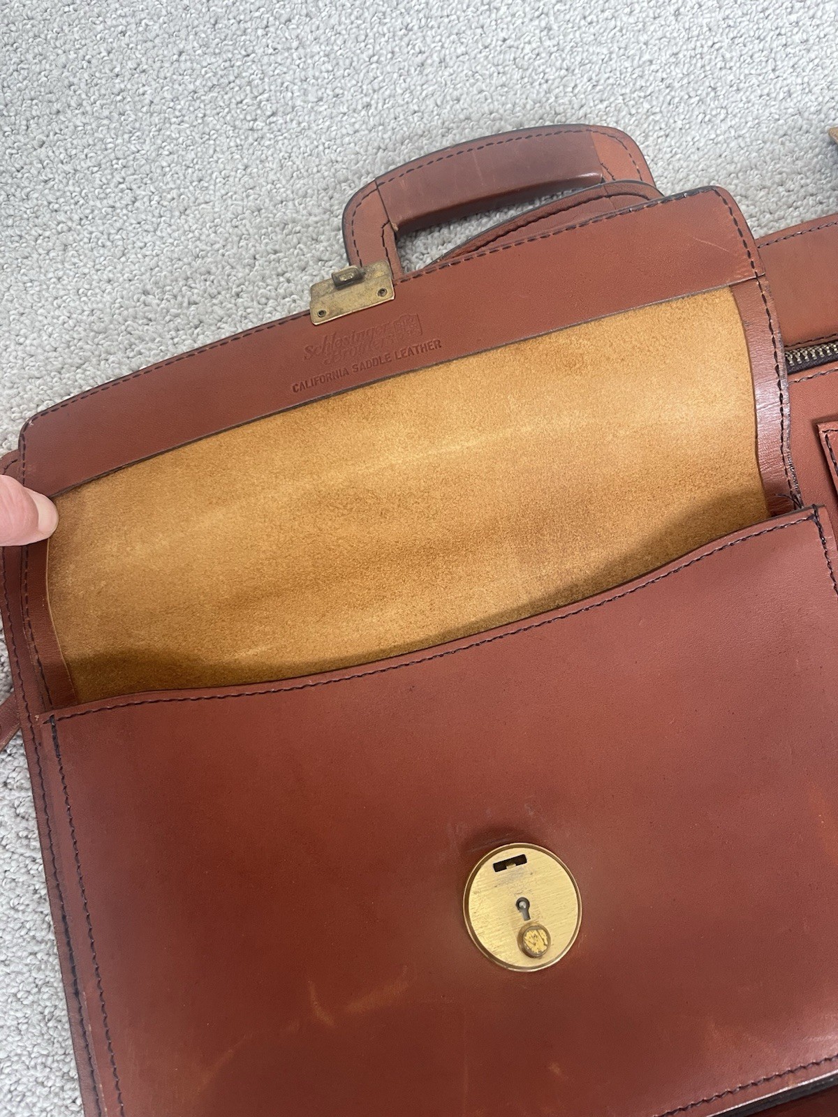 Schlesinger Brothers Briefcase Saddle Leather Vintage USA Slide Handle