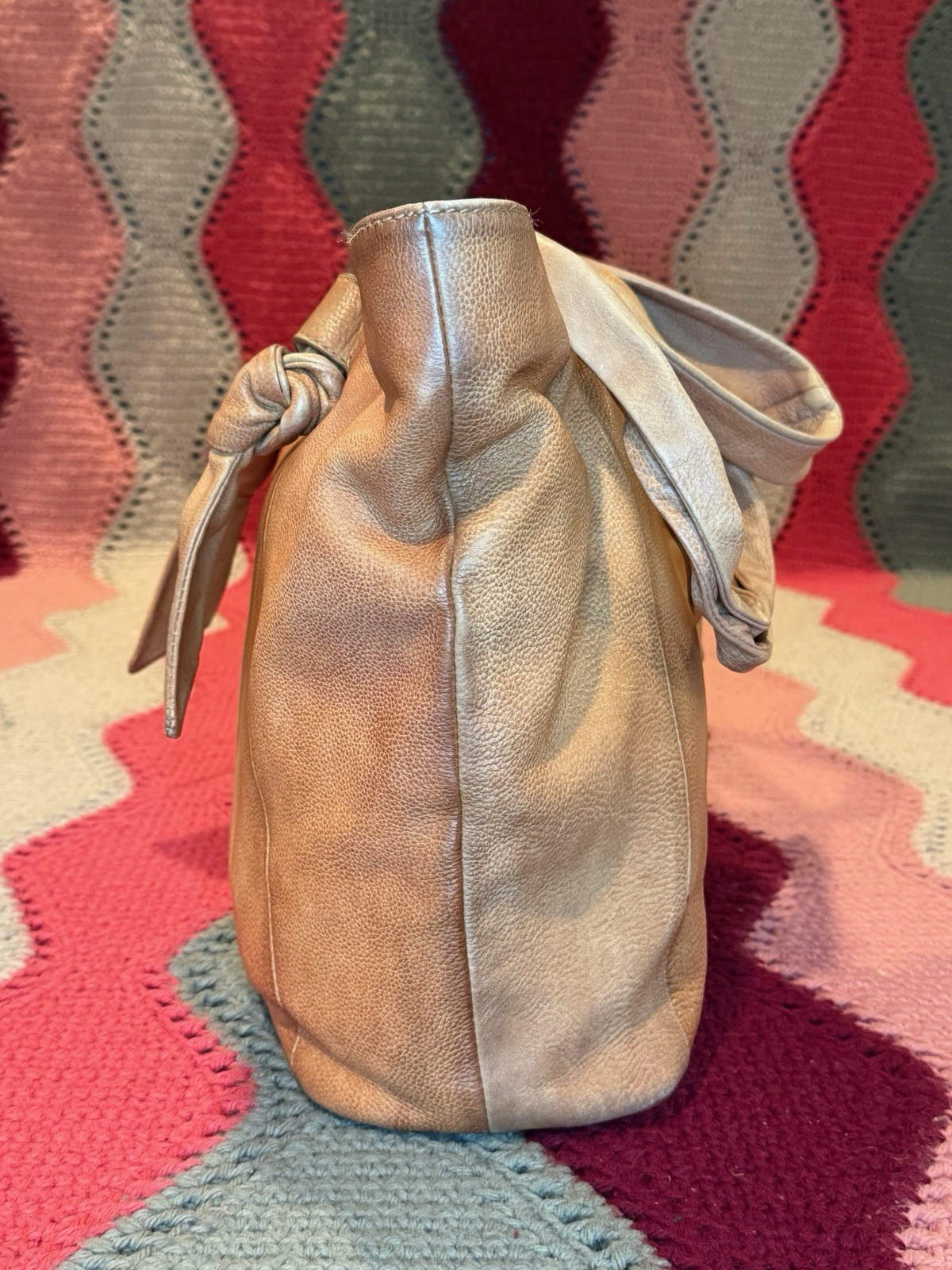 Frye Nora Knotted Tote Genuine Leather Shoulder Bag Two Tone Cognac Tan