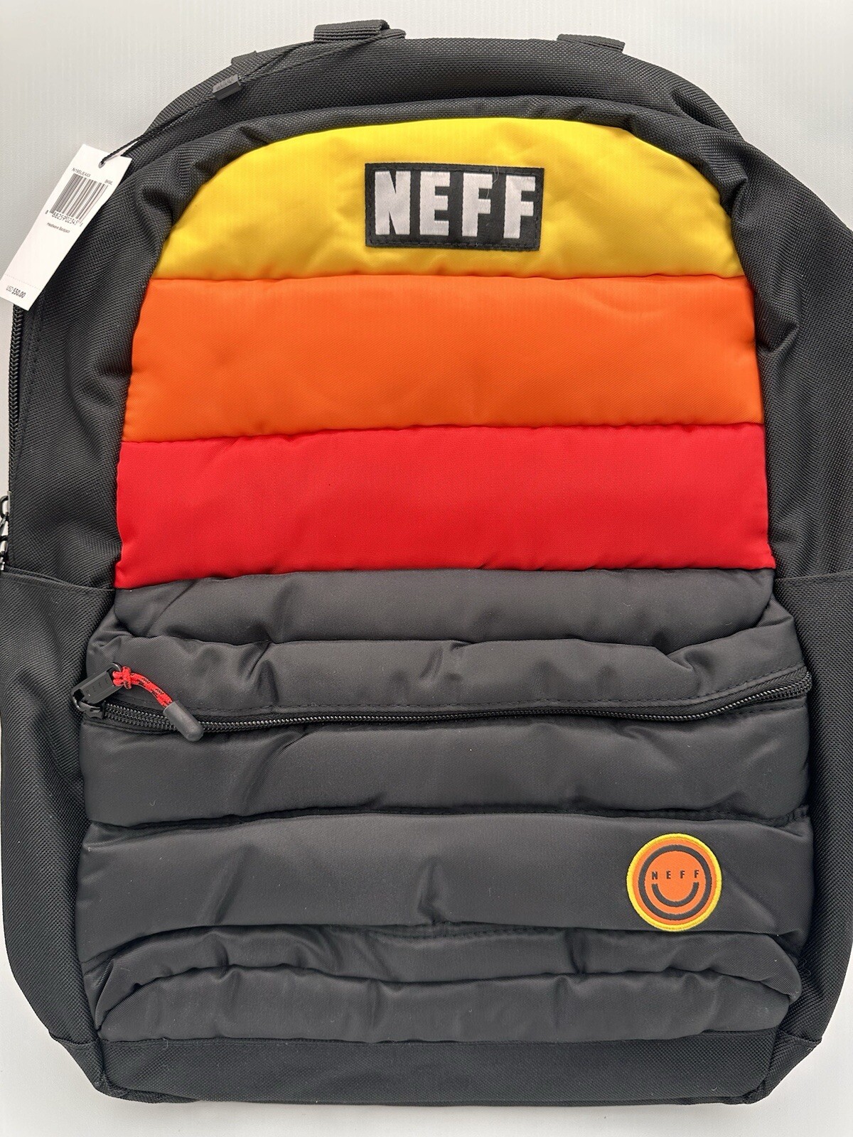 New 18” Neff Puffer Backpack Black Orange Yellow Red School Laptop Retro