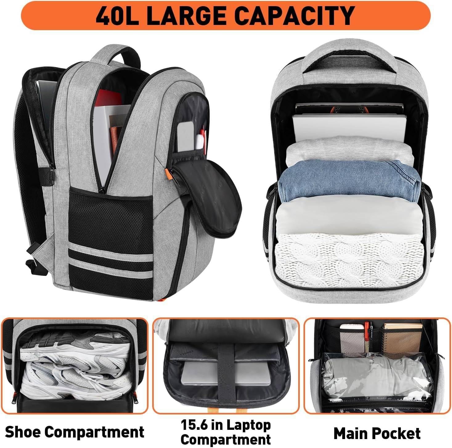 Gym Backpack Men Women Shoe Compartment Water Resistant USB Port 15.6 In Grey