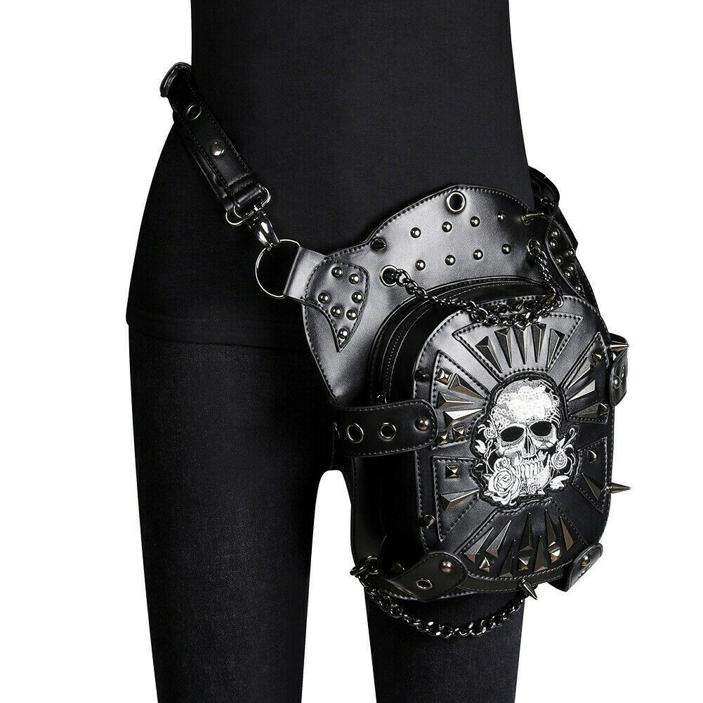 Crossbody Shoulder Leg Waist Bag Leather Vintage Gothic Steam Punk Unisex Skull