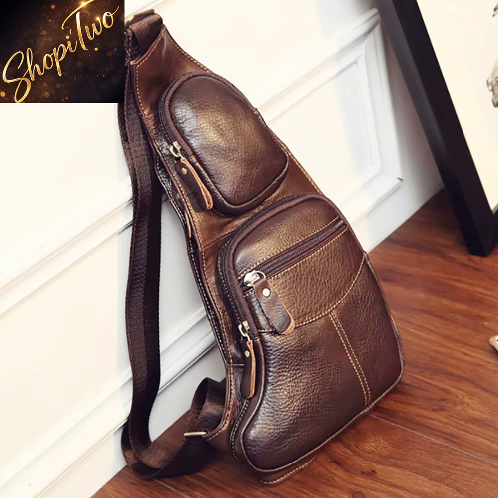 New Men Genuine Leather Cowhide Leather Vintage Sling Single Chest Back Tag