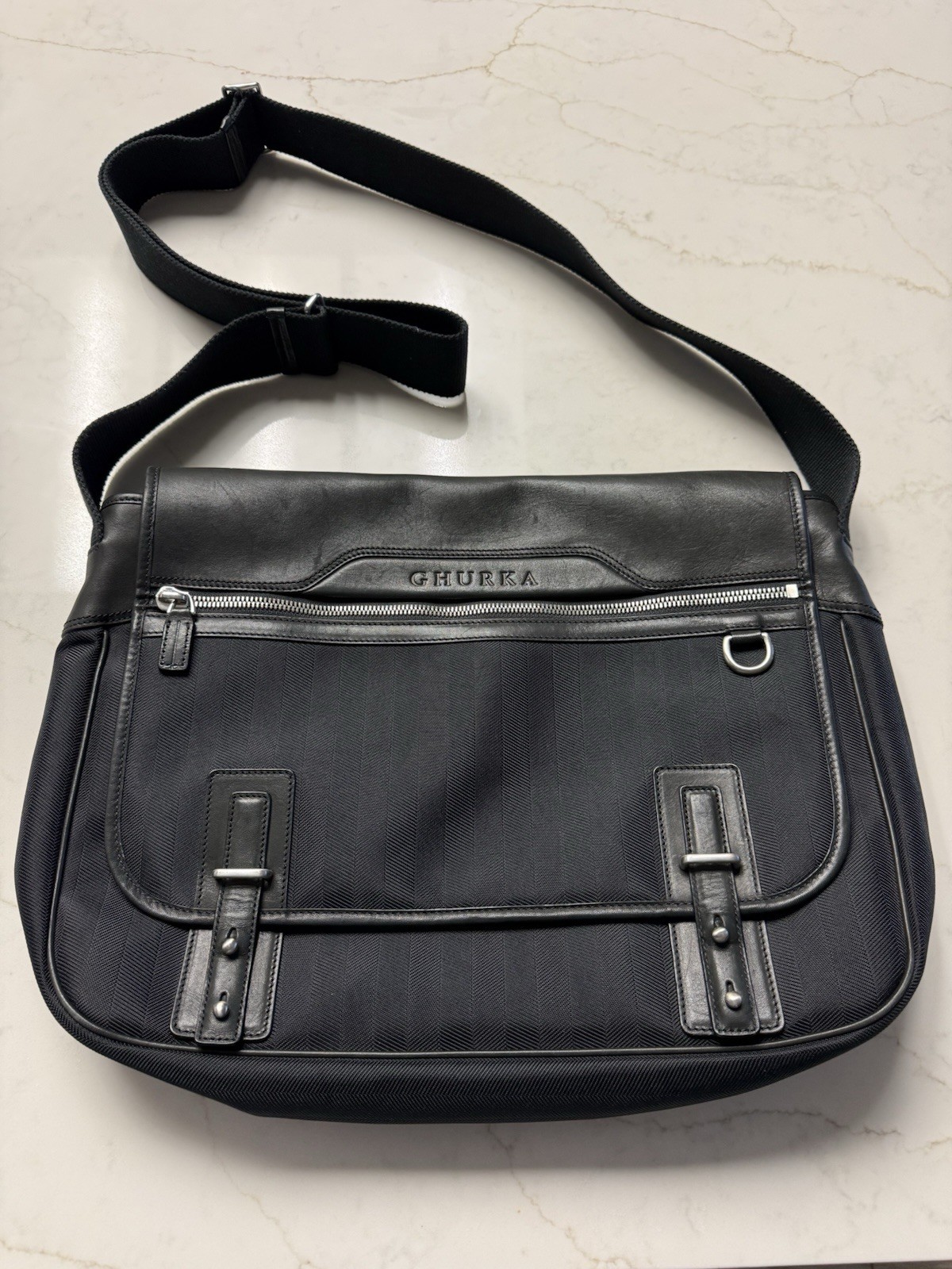 Ghurka Black Messenger Bag, Zip & magnetic Buckle Closure, Adjustable Strap