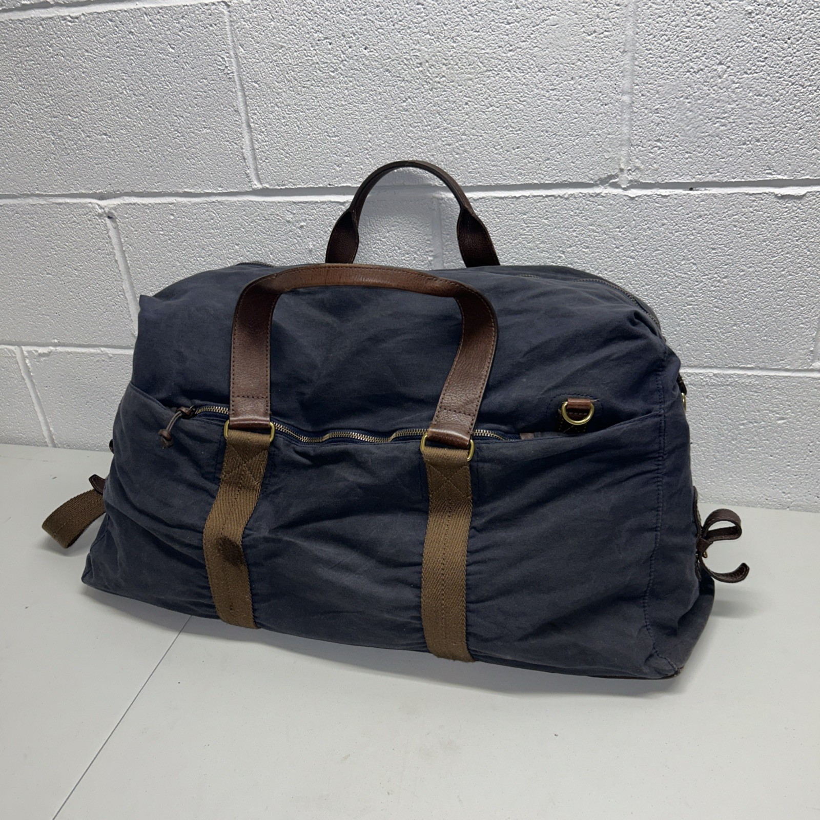 J. Crew Dry Goods Waxed Abingdon Weekender Duffle Bag Blue & Leather SB