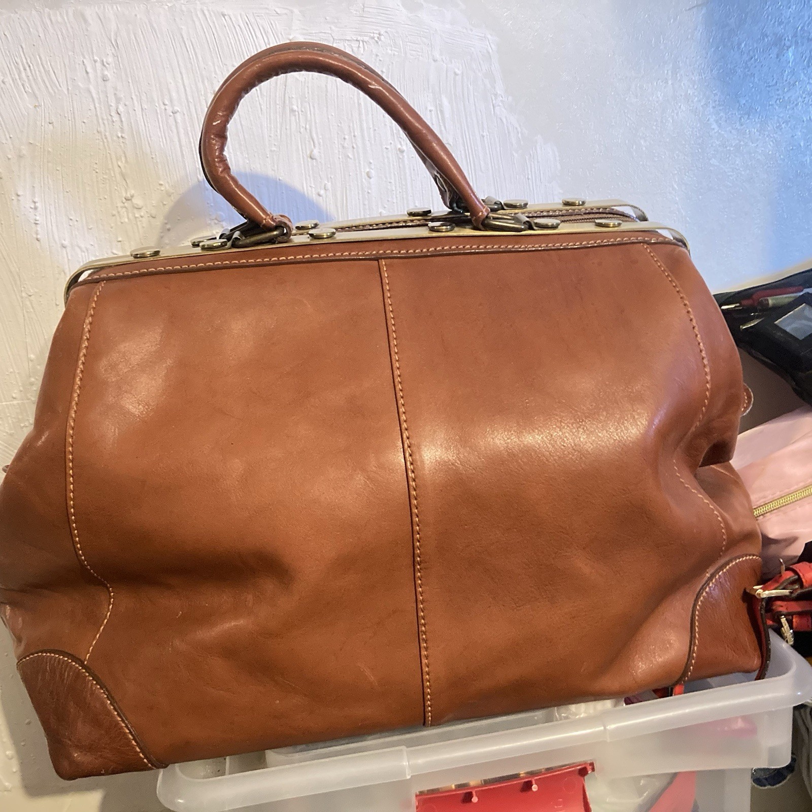 ERBAN LINE Brown Leather Overnight Doctor Style Bag Double Handle Brass Hardware