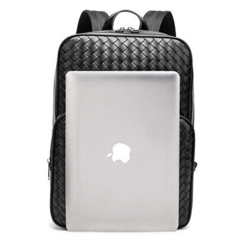 Top PU Leather Black Weaving Backpack, Soft Leather Large Capacity Travel Bags