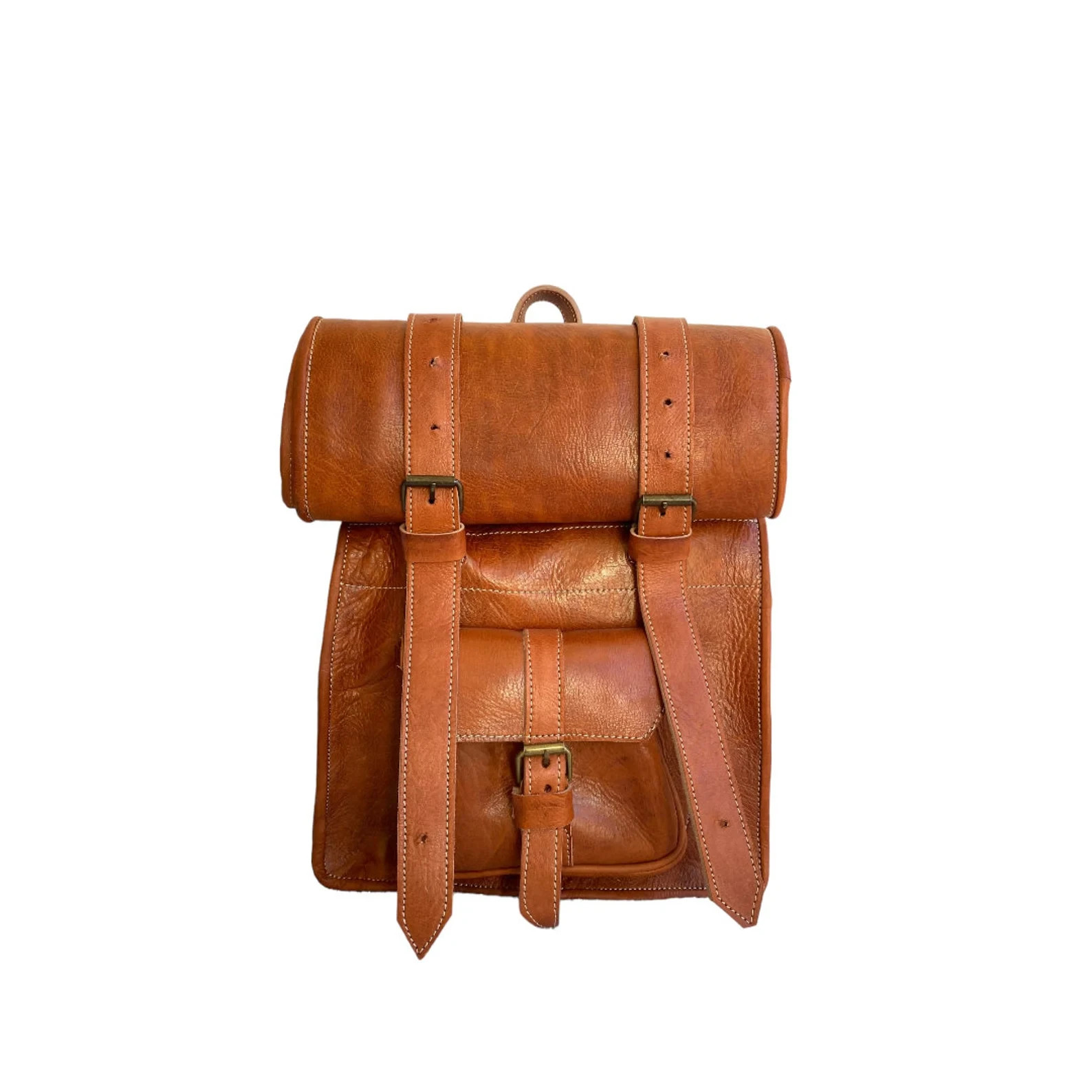 Handcrafted Genuine Leather Roll Top Bag – Cognac | 55cm | 100% Handmade