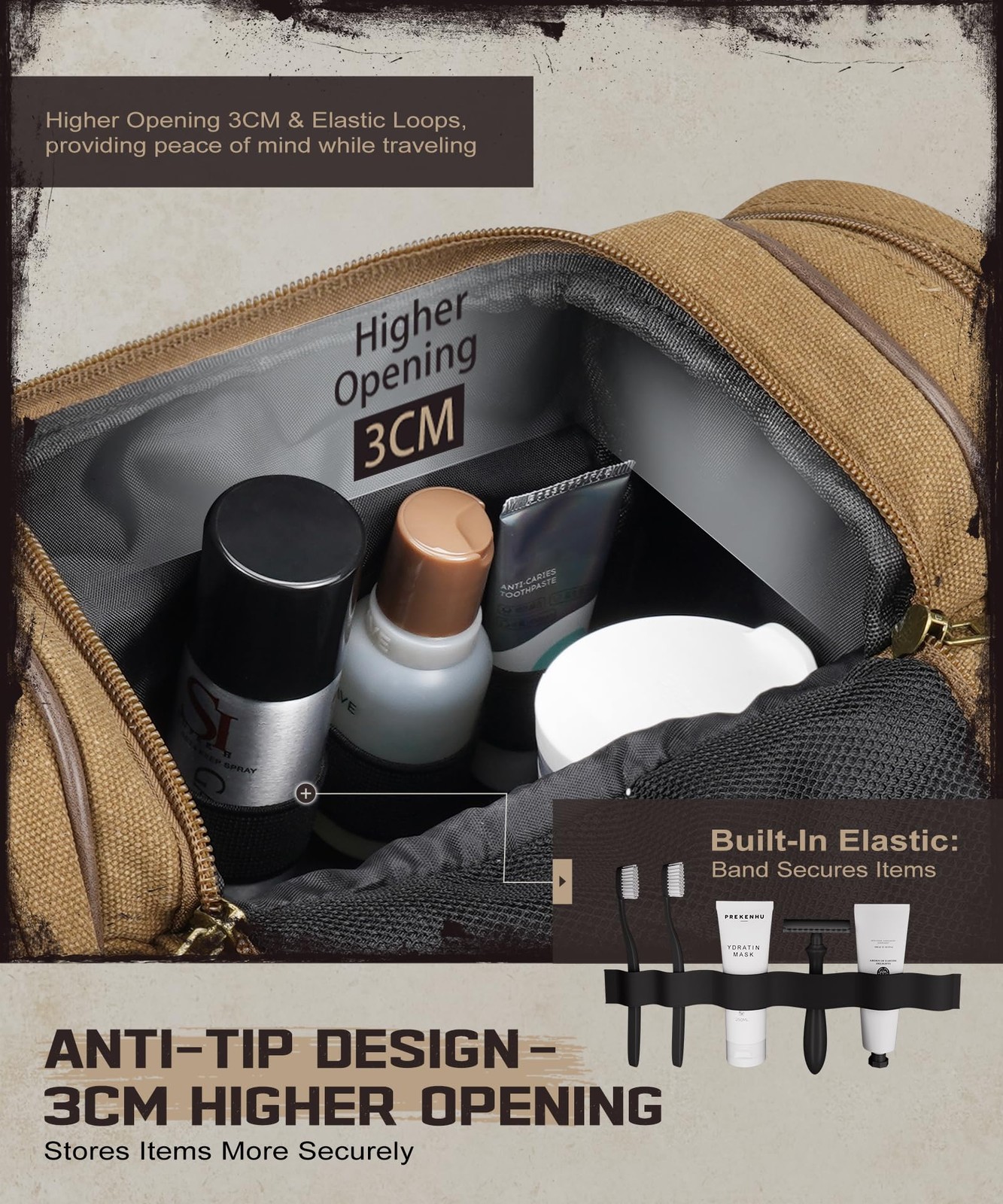 ARCFOX Travel Hanging Toiletry Bag for Men, Vintage Canvas Large brown