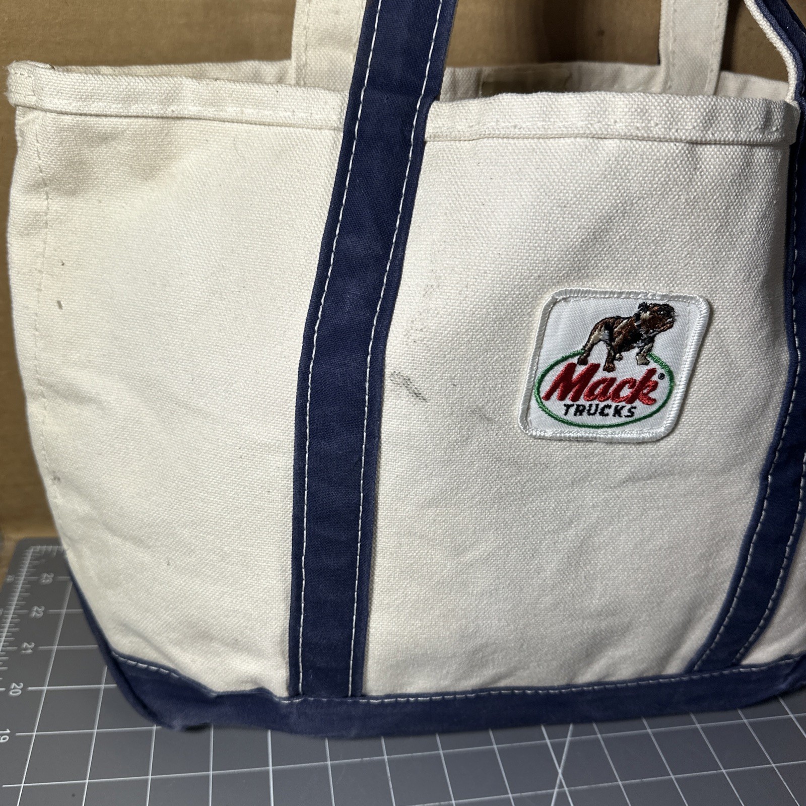 Vintage 1990s LL Bean Mack Trucks Boat & Tote Canvas Bag USA Navy/Ivory 15×11 In