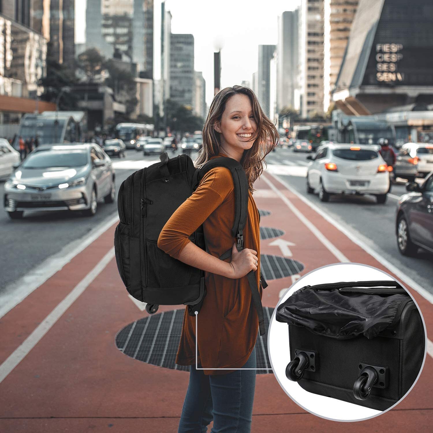 Rolling Backpack for Travel 4 Wheels Laptop Backpack for Women Men Water
