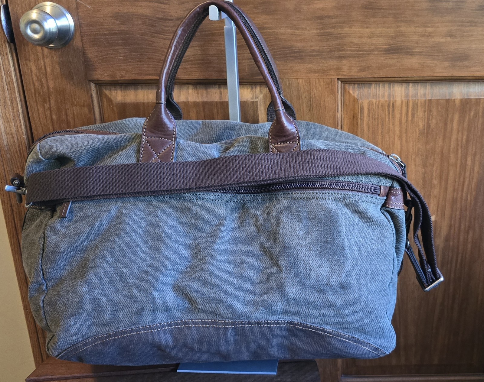 Fossil Canvas Leather Duffle Bag Army Green Adjustable Removeable Strap