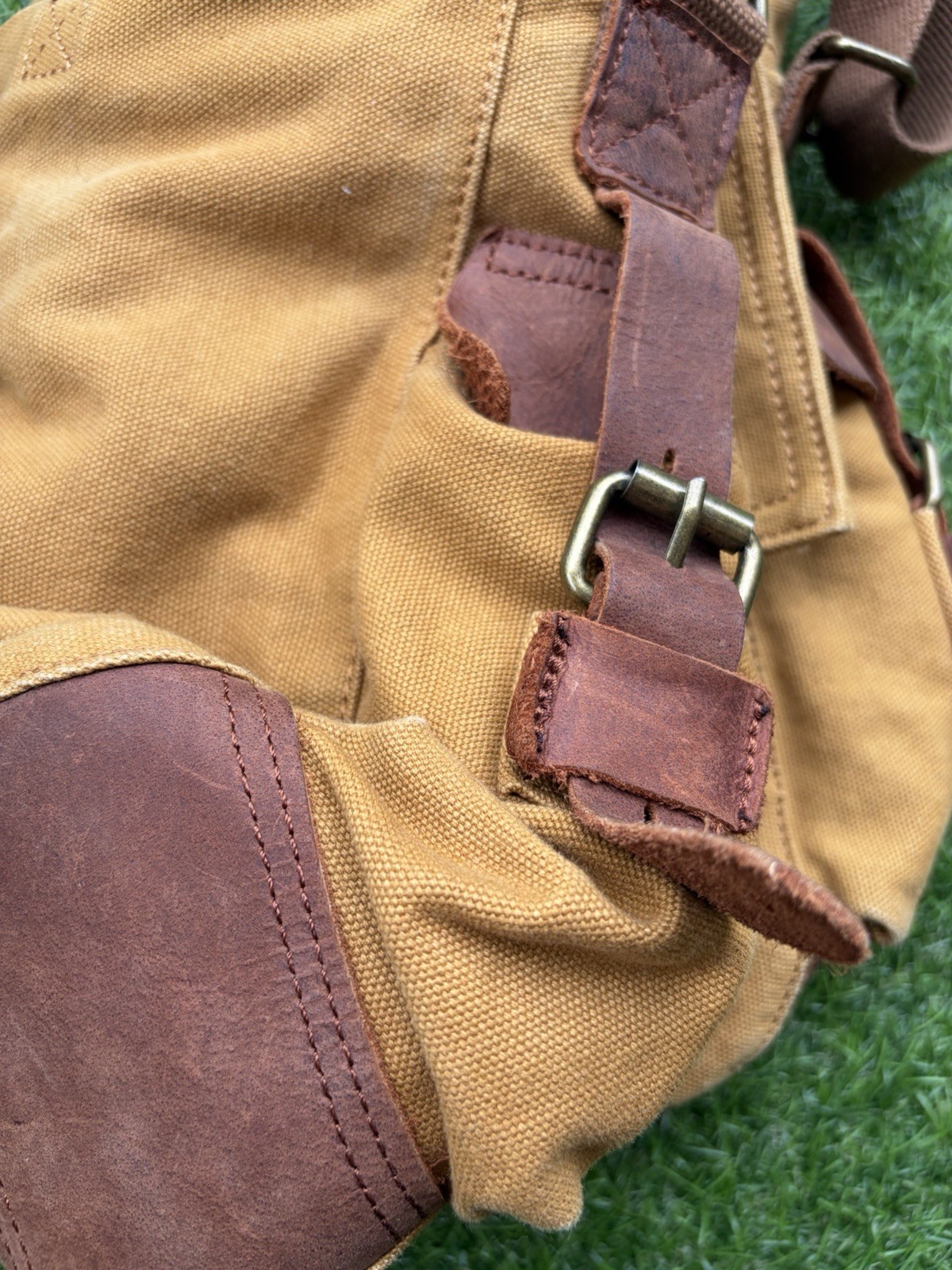 S.C. Cotton Canvas Messenger Bag Tan Khaki Leather Strap Satchel Vintage Style