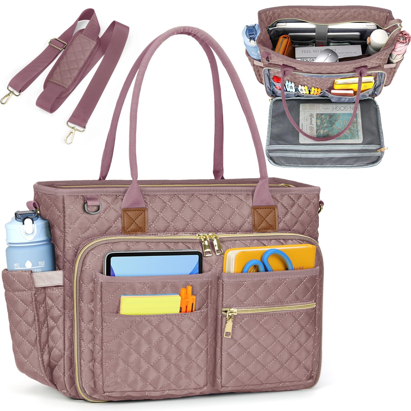 Leather Laptop Tote Bag Insulated Pocket Teacher Nurse Work Briefcase Pink