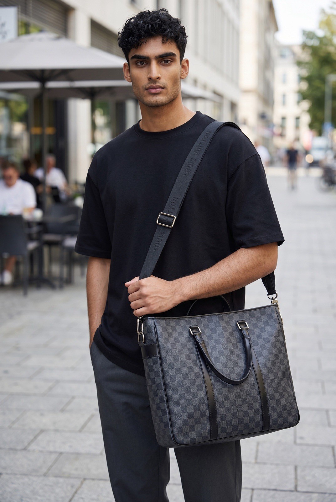 Louis Vuitton Tadao Tote PM Black Leather Damier Graphite