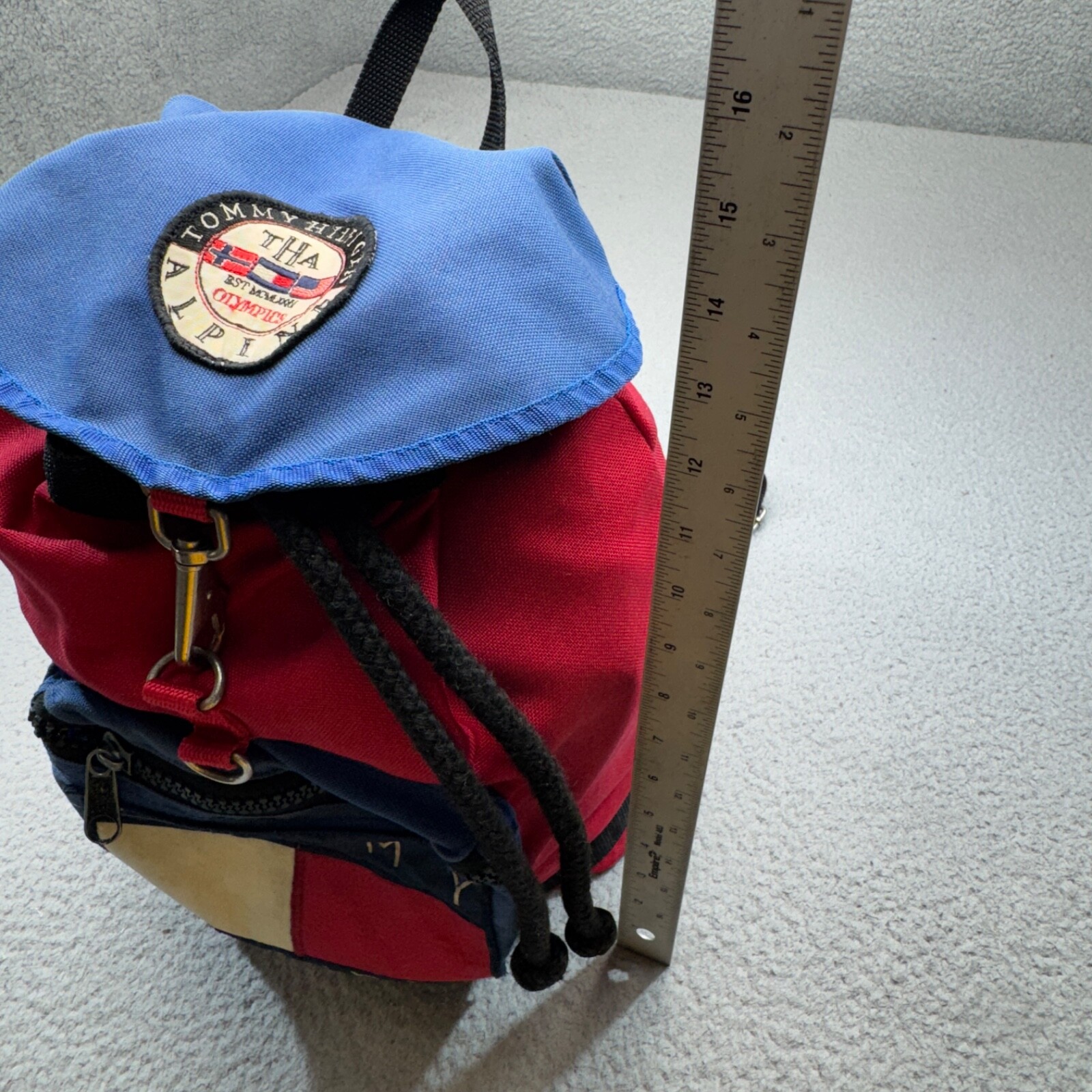 VINTAGE Tommy Hilfiger Backpack Red Blue 90s Alpine Olympics Patch Cinch Canvas