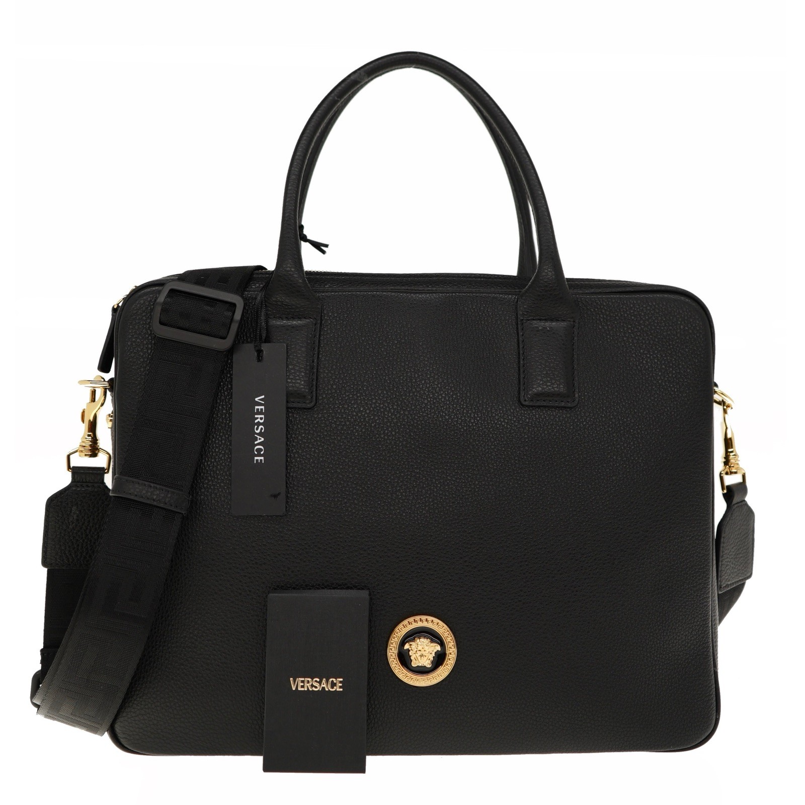 Versace Medusa Briefcase Document Case Black Grainy Leather New
