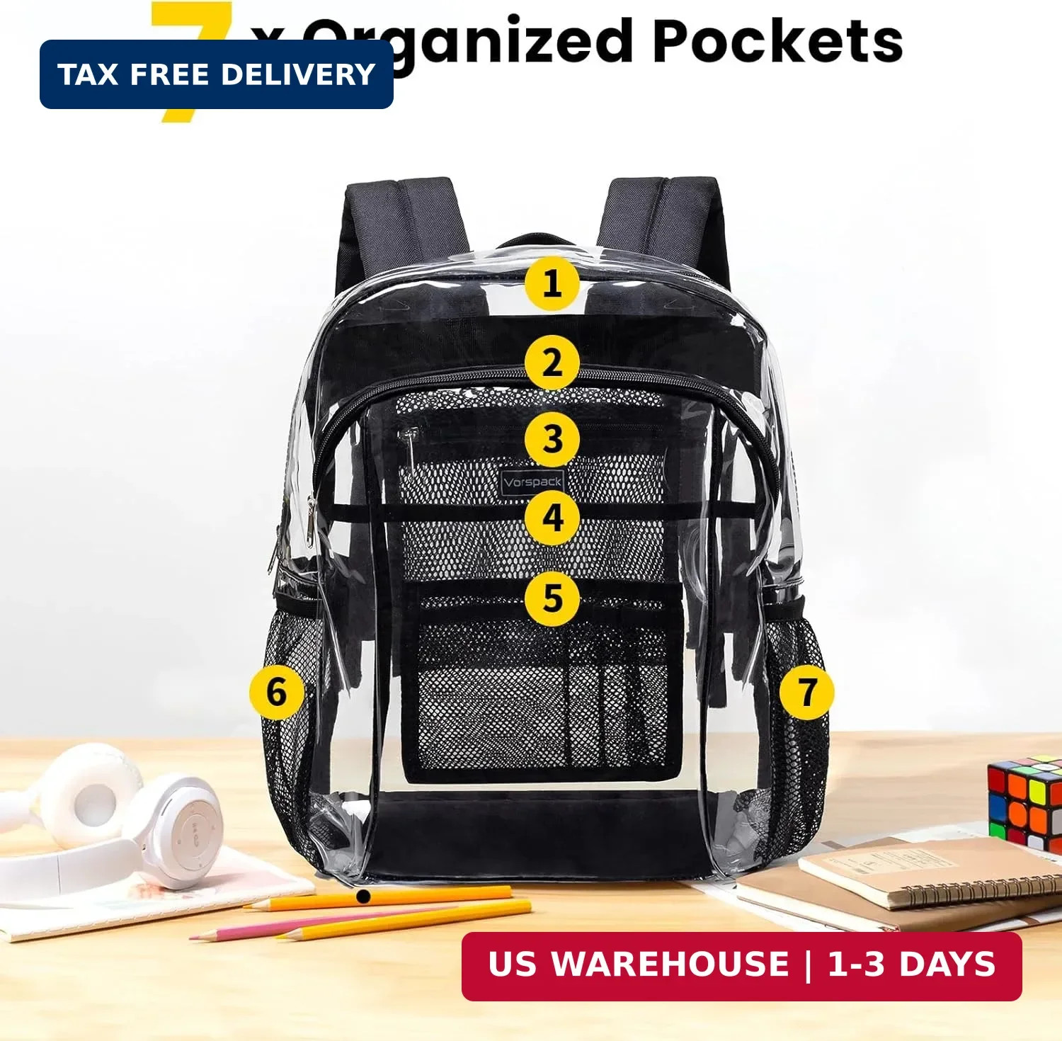 Vorspack Clear Backpack Heavy Duty – Clear Book Bag with Multi-pockets Large See