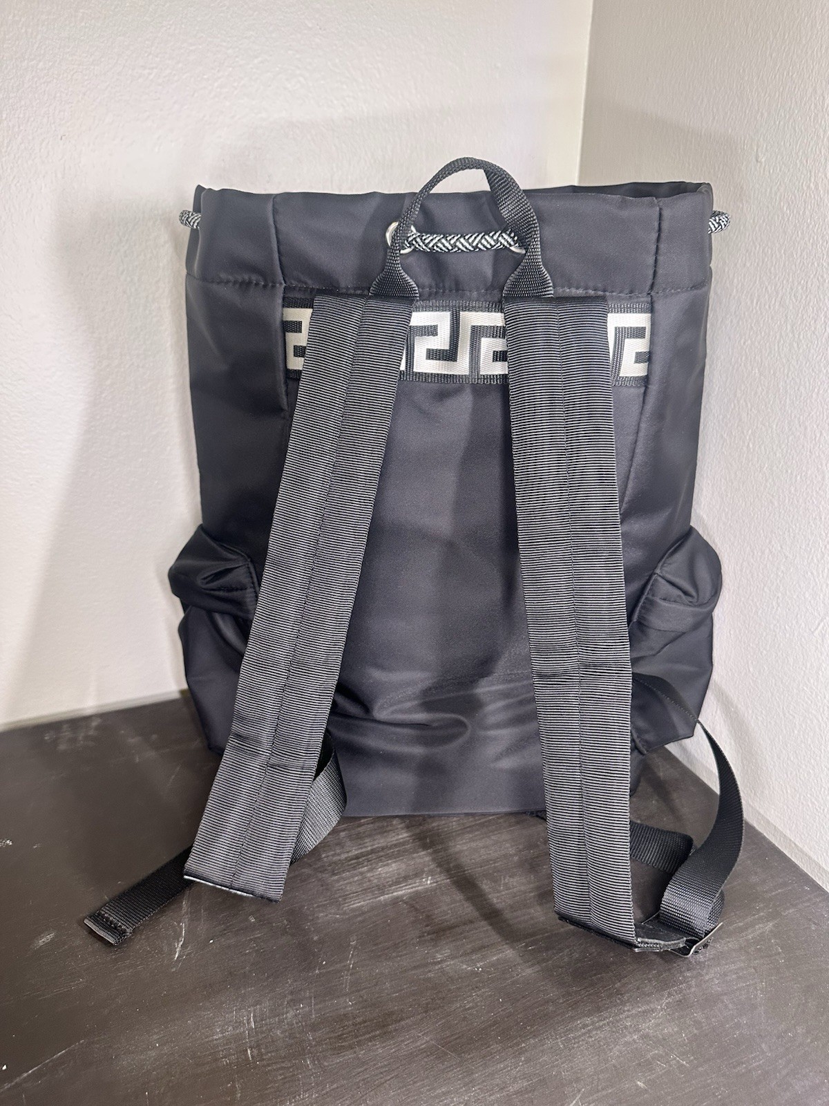 VERSACE FRAGRANCES Black Drawstring Backpack Gym Travel Bag Zip Pockets