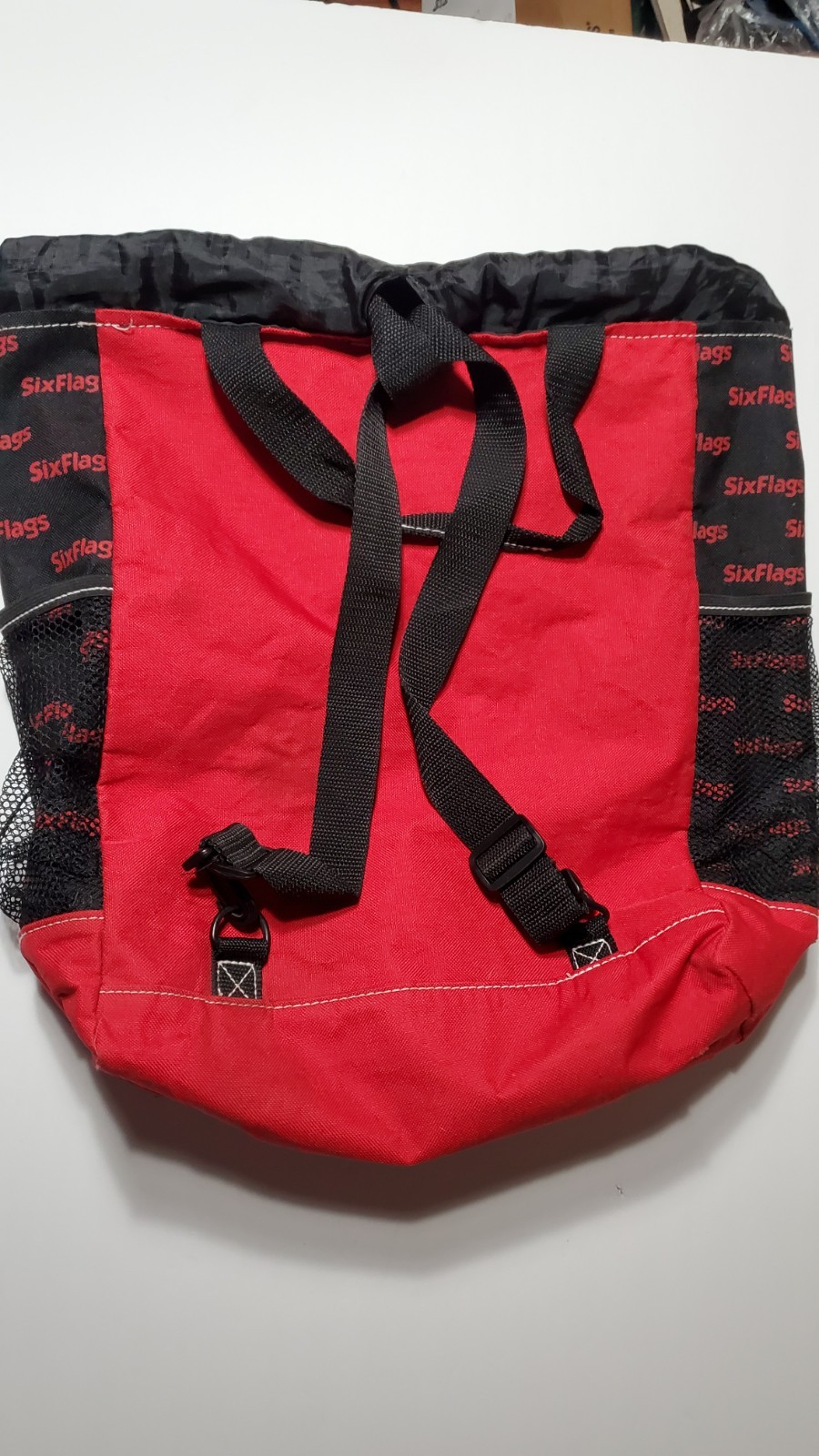Vintage Six Flags Red & Black Tote Bag / Backpack Approximately 17″ X 14″
