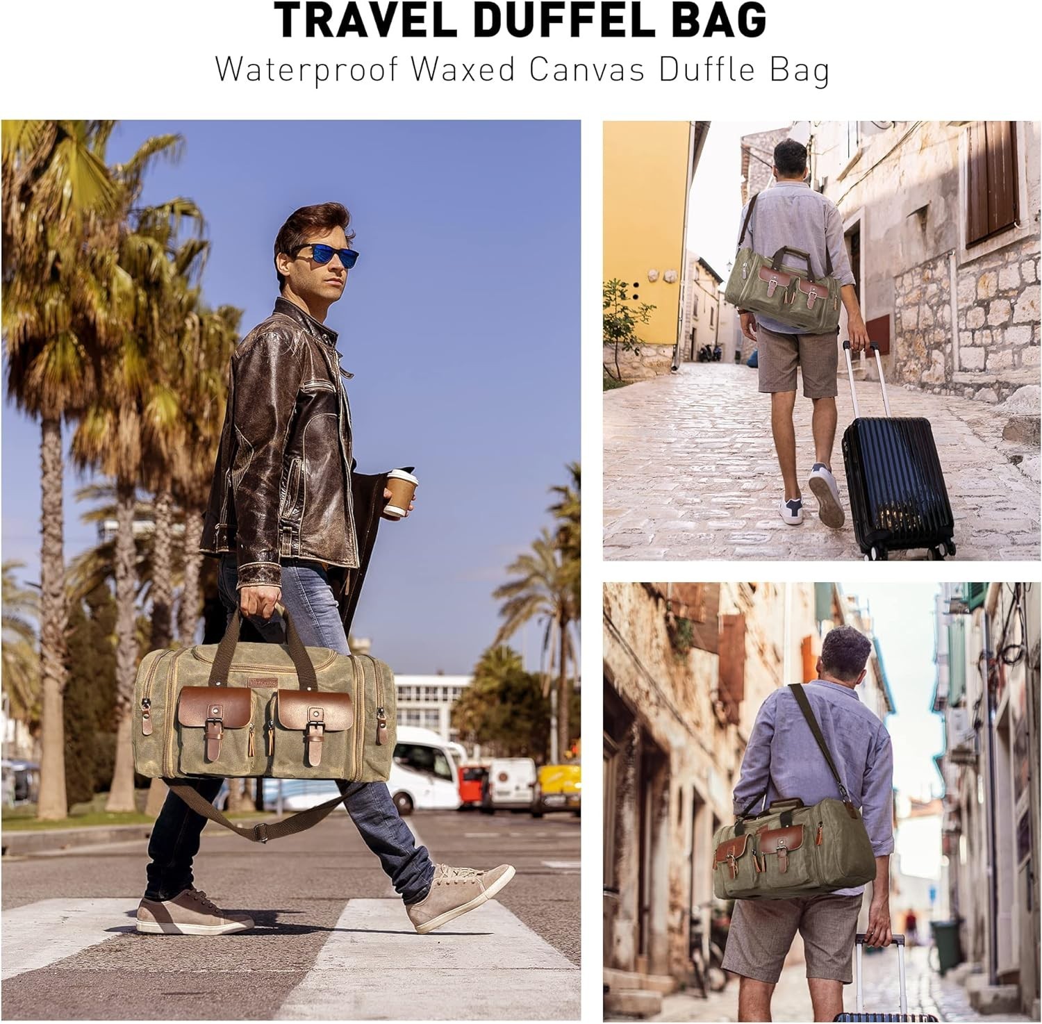 Waterproof Waxed Canvas Duffle Bag – 60L Genuine Leather Weekender Carry-On Bag