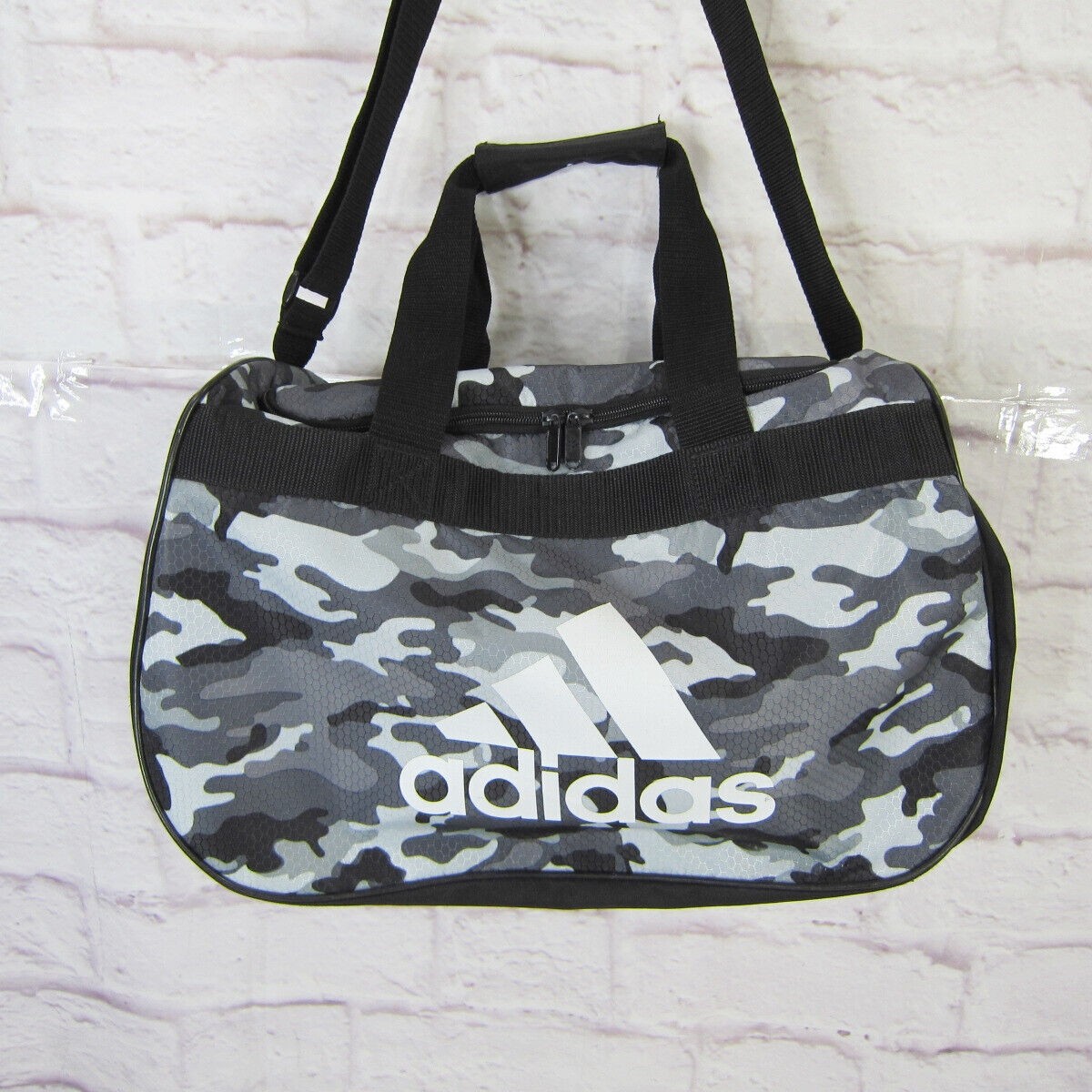 Adidas Camo Print Duffel Bag BLACK & GRAY LOGO ZIP TOP Fits Gym Locker