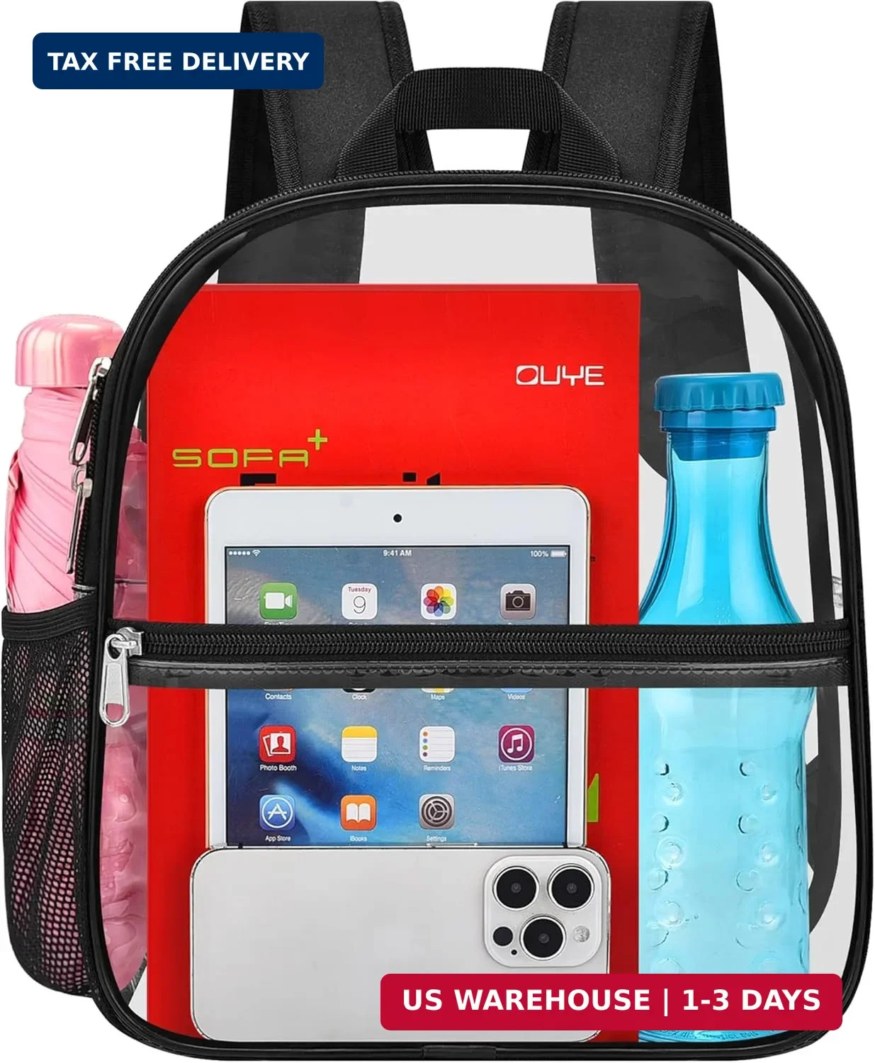 Oraben Clear Backpack Stadium Approved, Clear Bag 12 x 6 x 11 in, Small Transpar