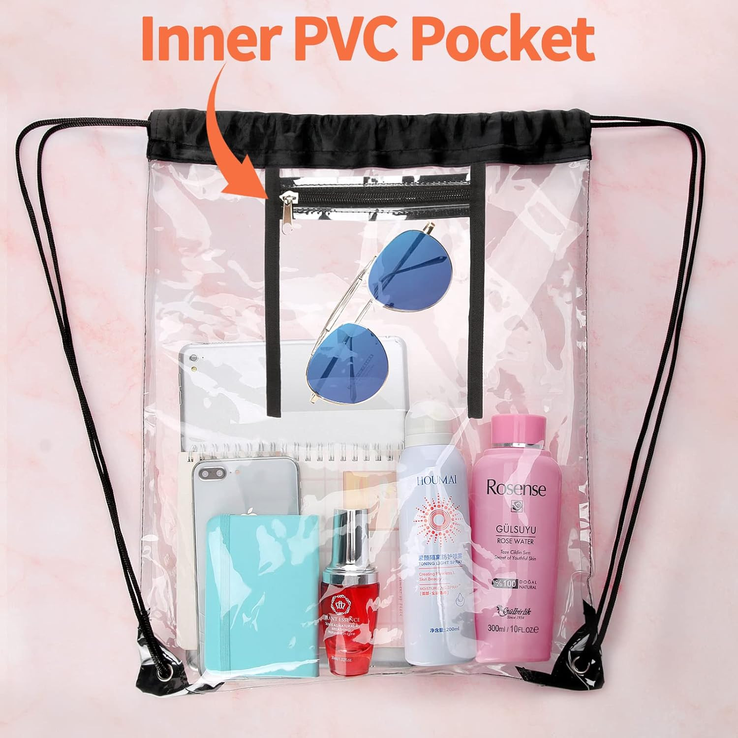 2 PACK Clear Drawstring Bag Stadium Approved, See through PVC Drawstring Bags, T