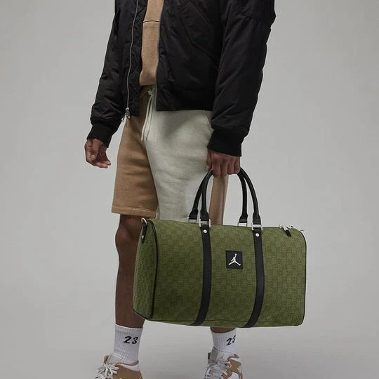 Air Jordan Monogram Logo Jacquard Duffle 25L Luxury Travel Bag Light Olive