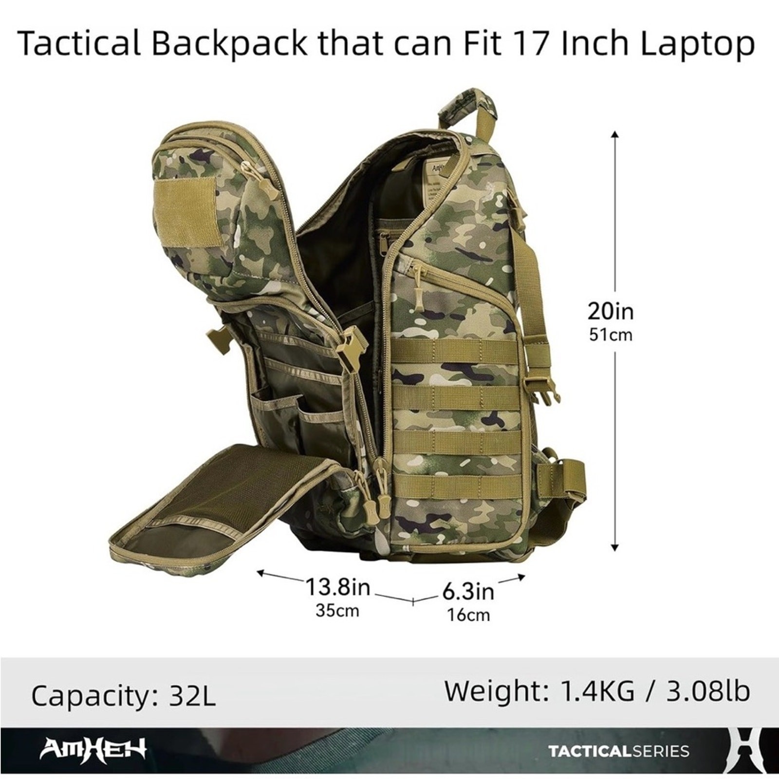AmHEN | Multicam Tactical Backpack | 32 L | Military MOLLE Camo Bag | NWT