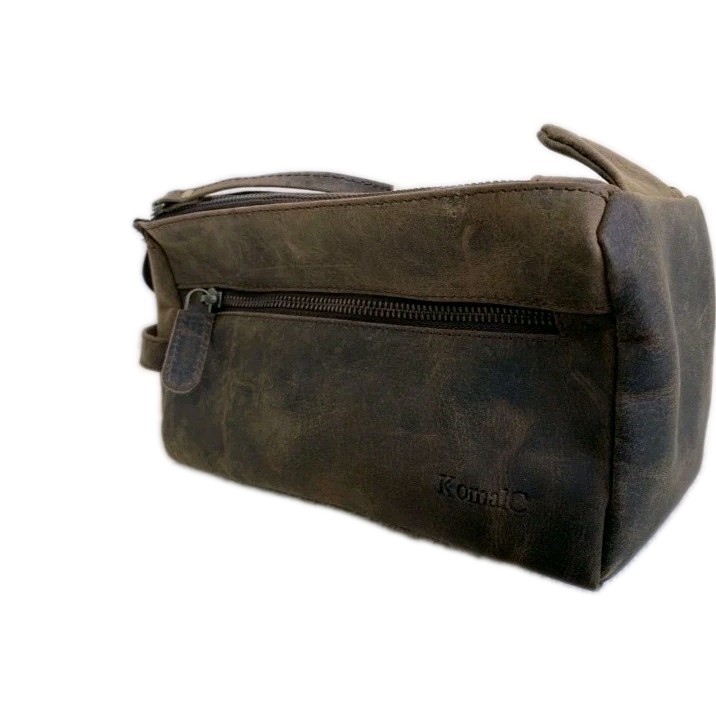 Komalc Premium Buffalo Distressed Leather Toiletry Bag Travel Dopp Kit Mens