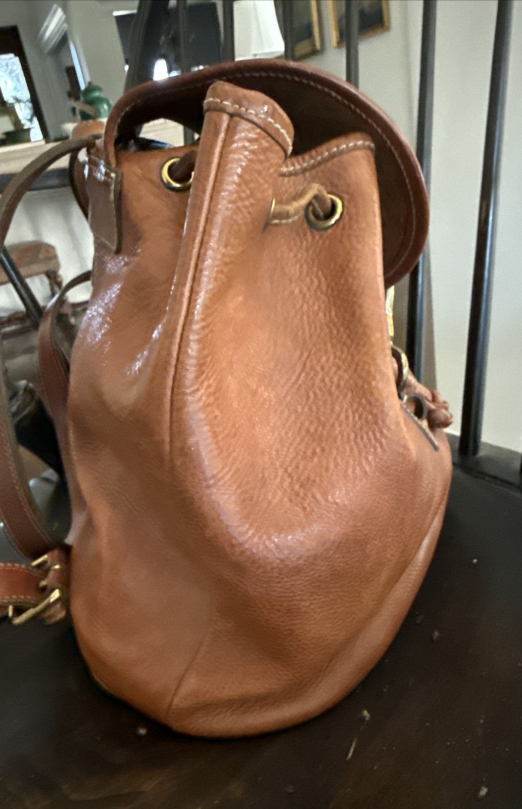 Vintage Ralph Lauren Leather Backpack Drawstring Brown 90s Unusual Hook Closure