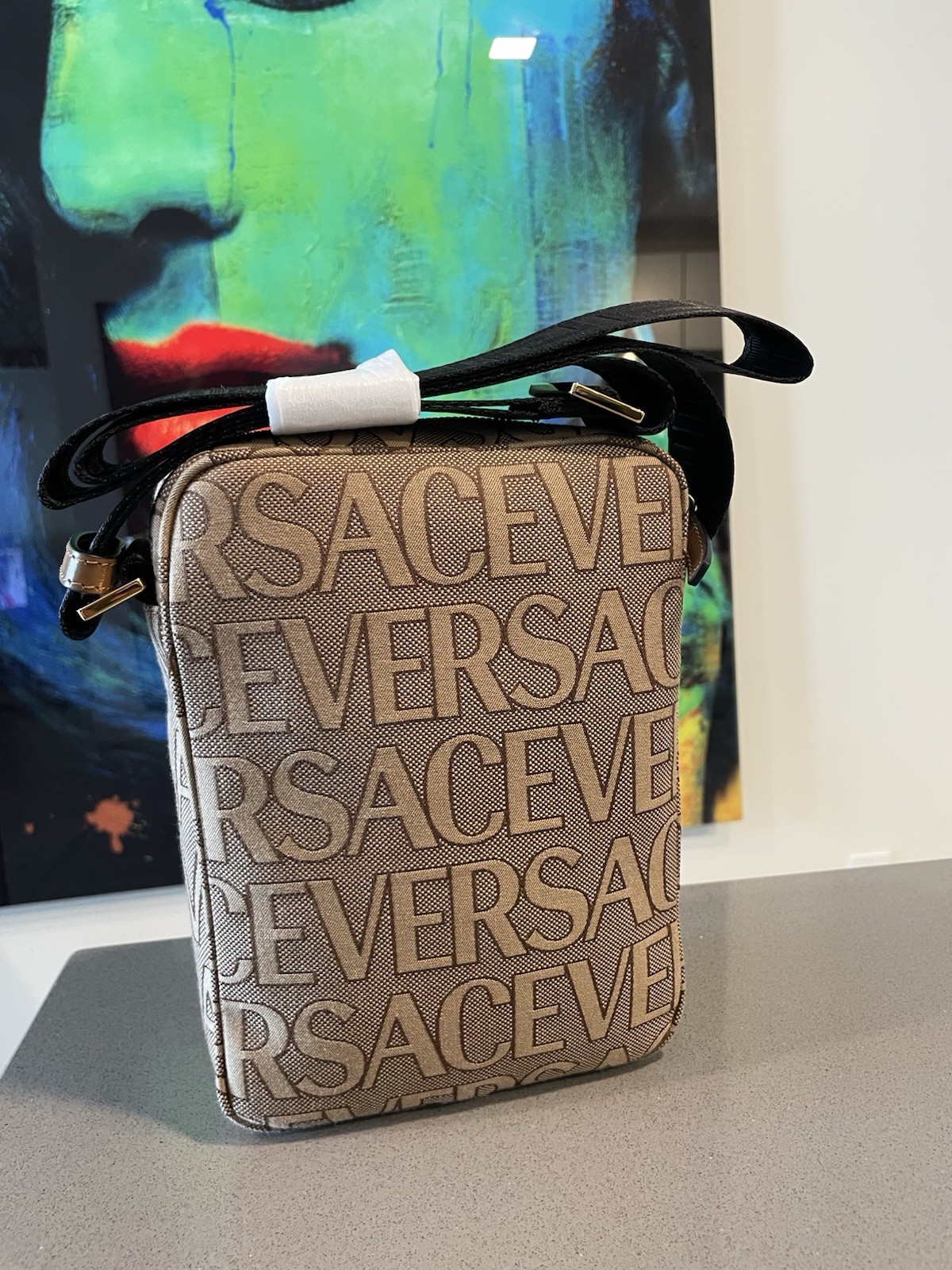 Versace Crossbody Canvas Fabric Allover Beige/brown $1200 Retail Authentic