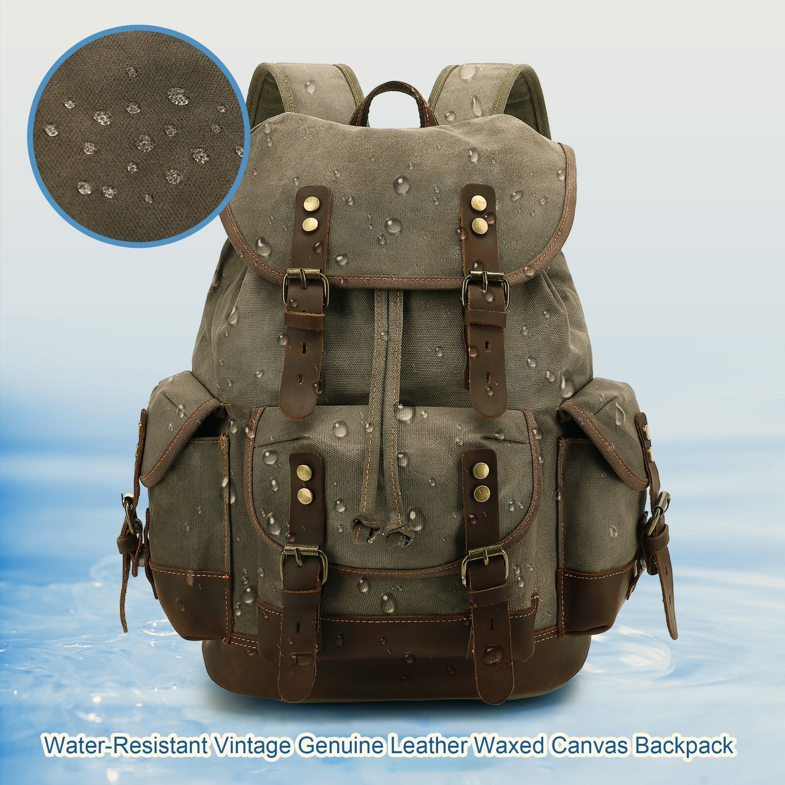 HuaChen Waxed Canvas Leather Backpack Travel Hiking Rucksack Camping School Bag