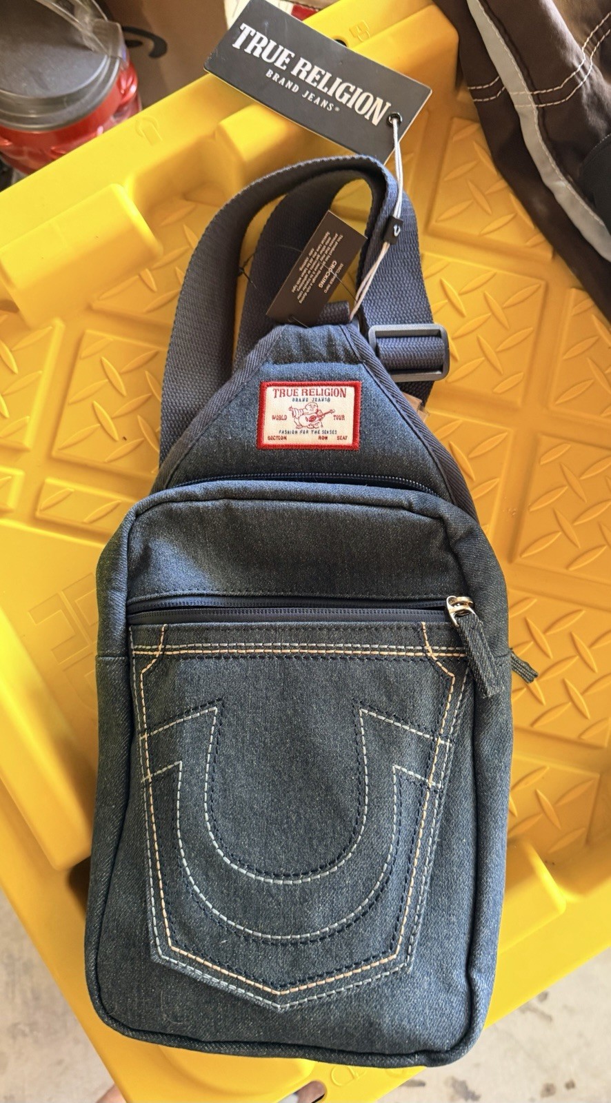 True Religion Men’s Blue Crossbody Sling Bag Horseshoe Zip, Adjustable Strap