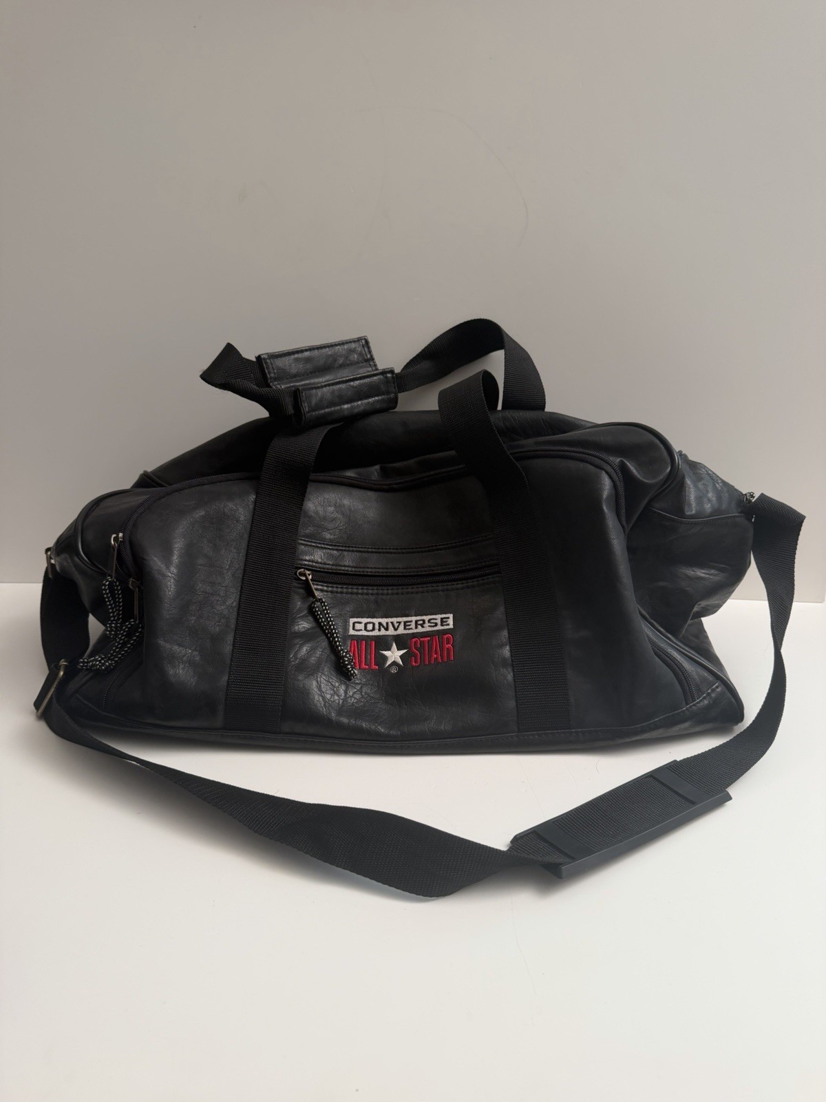Classic Converse All Star Gym Duffle Bag Black Faux Leather w/Strap 20x10x12 EUC