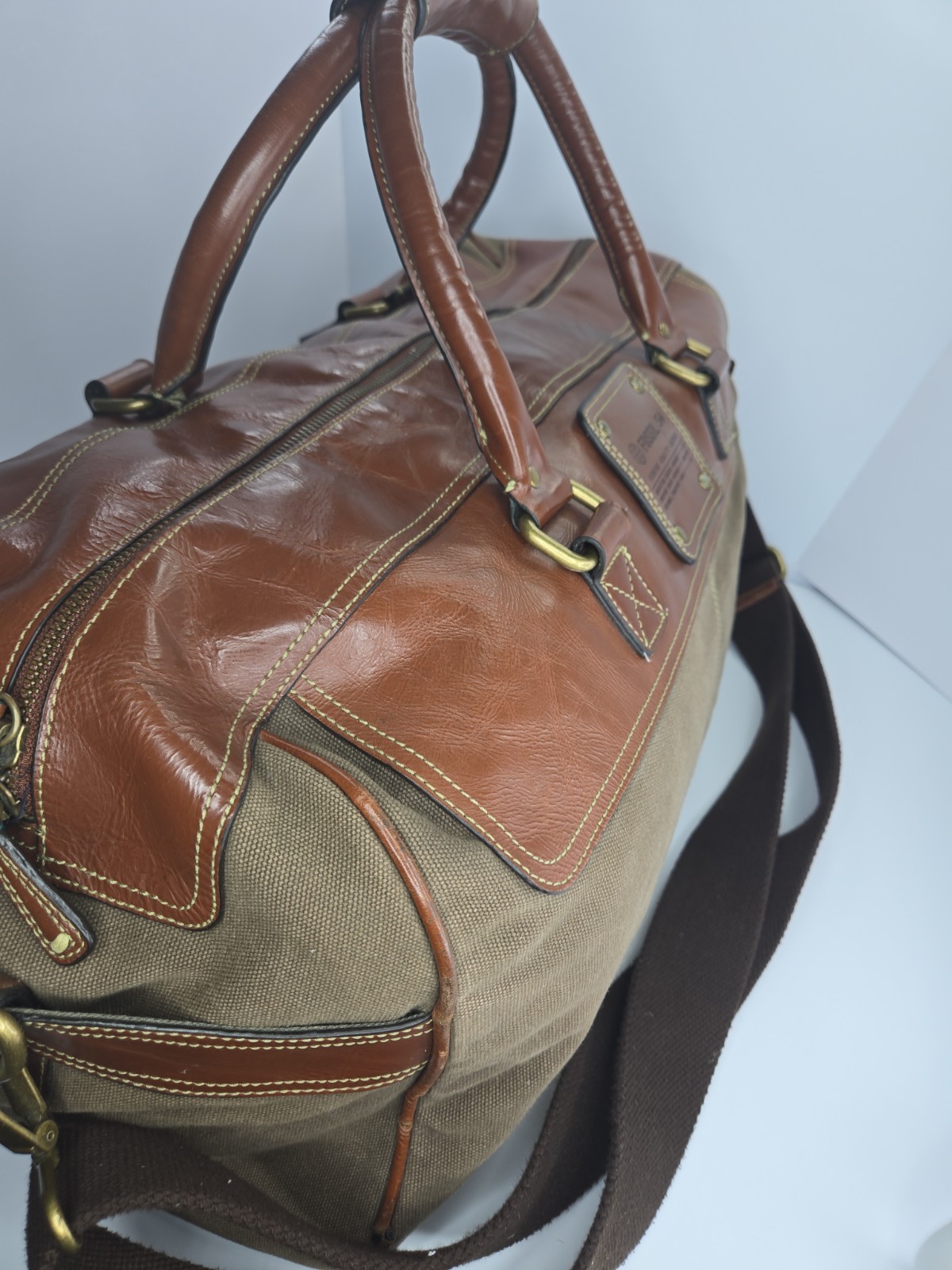 Fossil 54 MBG1121200 Brown Leather Canvas Duffel Weekender Bag READ