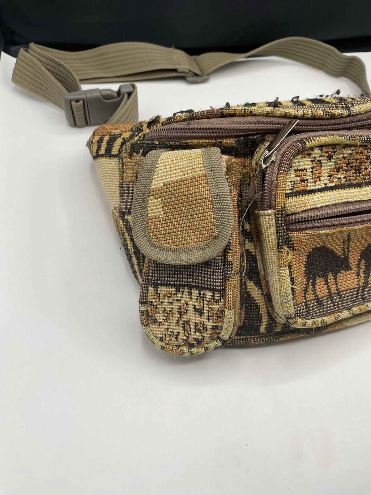 Vintage African Theme Canvas Zip Fanny Pack Elephant/Monkey/Wildebeest