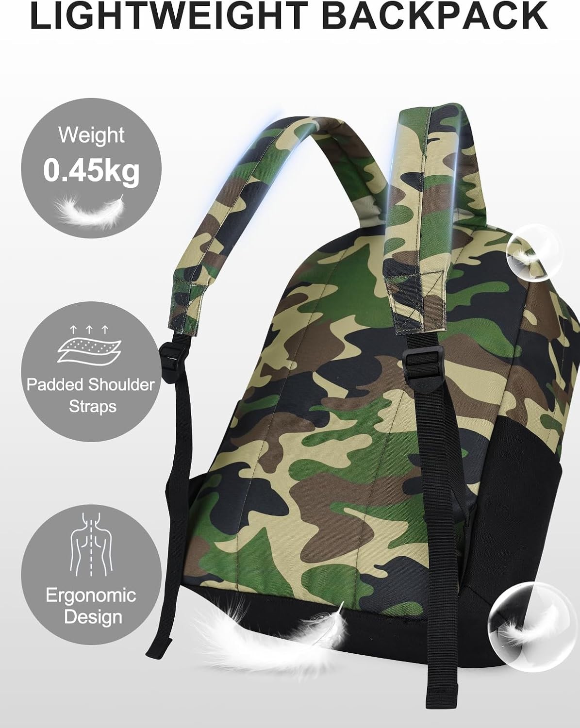 Lightweight Water Resistant Backpack for Men Camo Black Daypack Travel