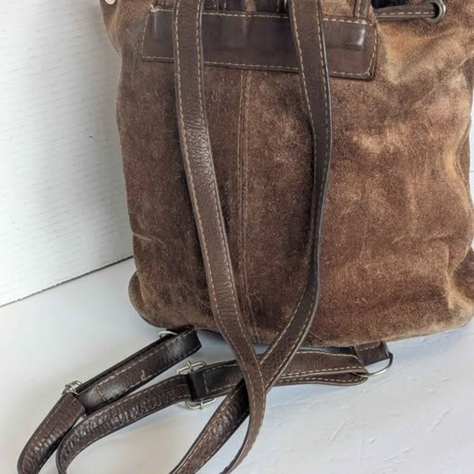 Vintage Tan Suede Leather Drawstring Backpack w Pocket 10x10x5″