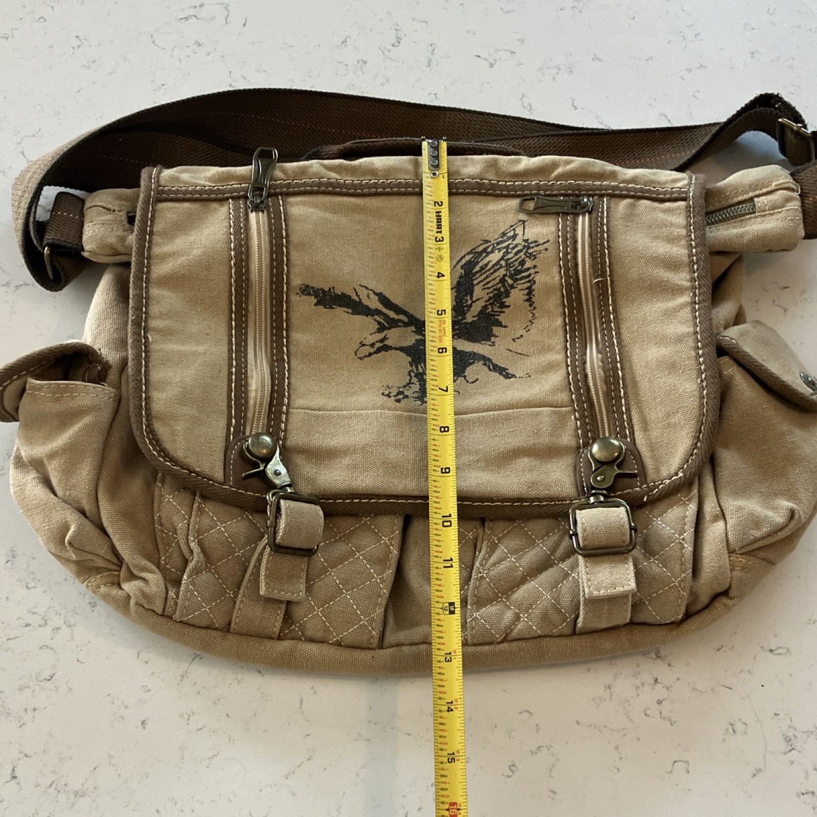 Vintage Khaki Canvas Messenger Bag Eagle Graphic Crossbody Satchel Multi Pocket