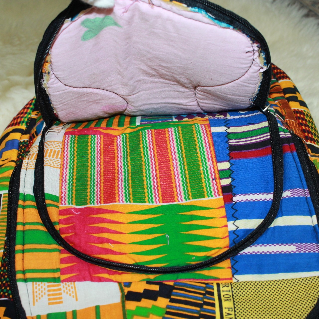 African Print Handmade Lightweight Cotton 3 Section Book Bag Rucksack Backpack