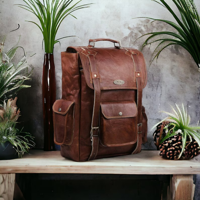 Genuine Leather Backpack . Strong & Durable Brass Fittings & Buckles, YKK Zipper