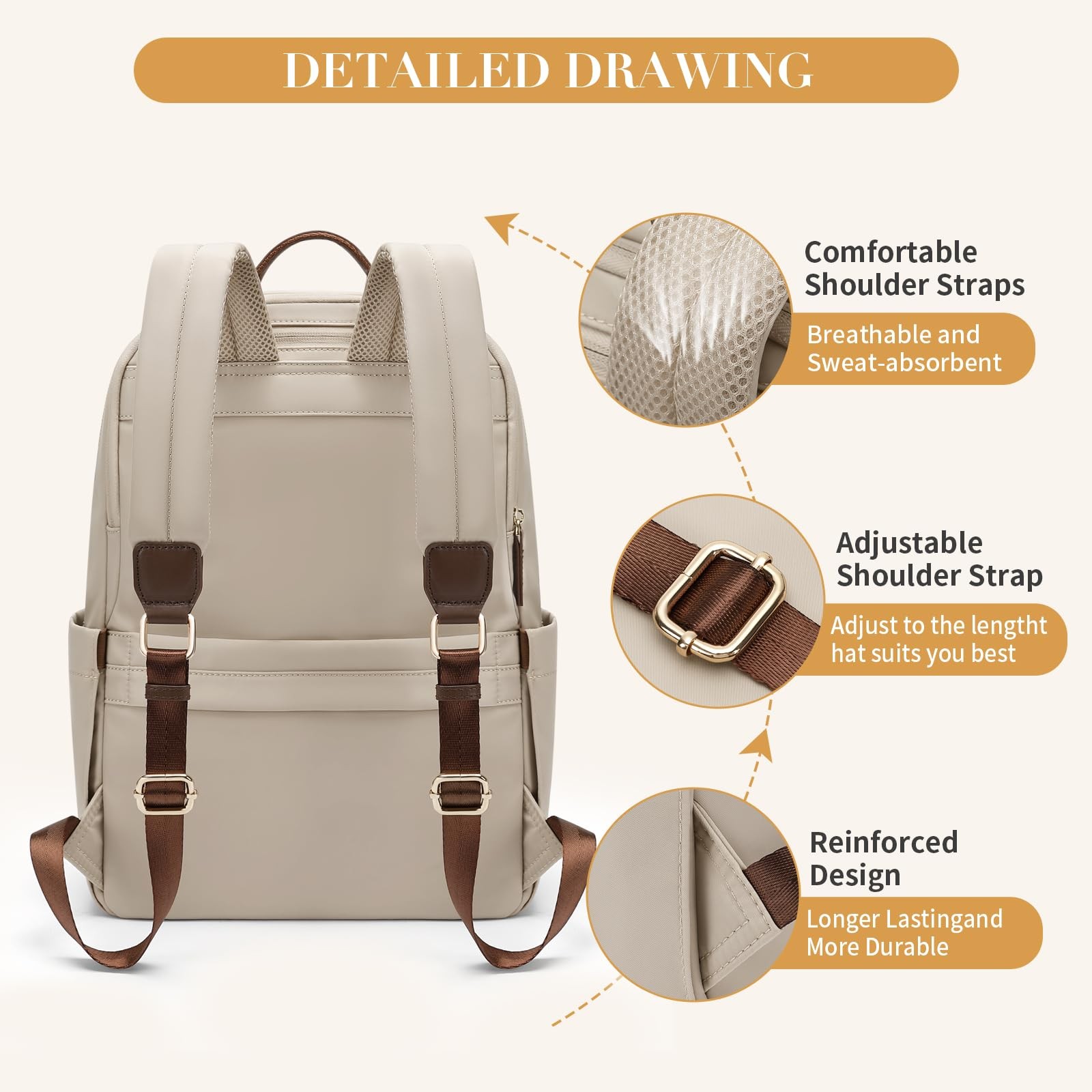 Women Laptop Backpack Casual Daypack Travel Purse Fits 14 Inch Notebook Apricot