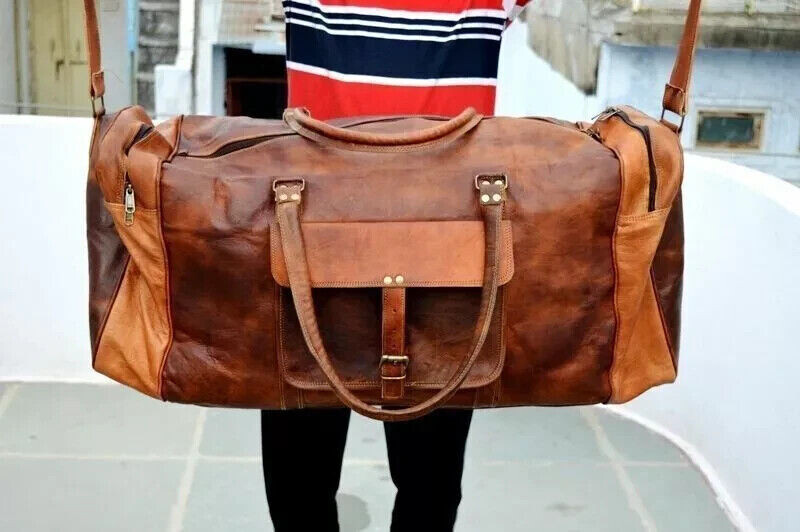 Leather Goat Bag Travel Gym Luggage Duffel Men Bags Brown Tote